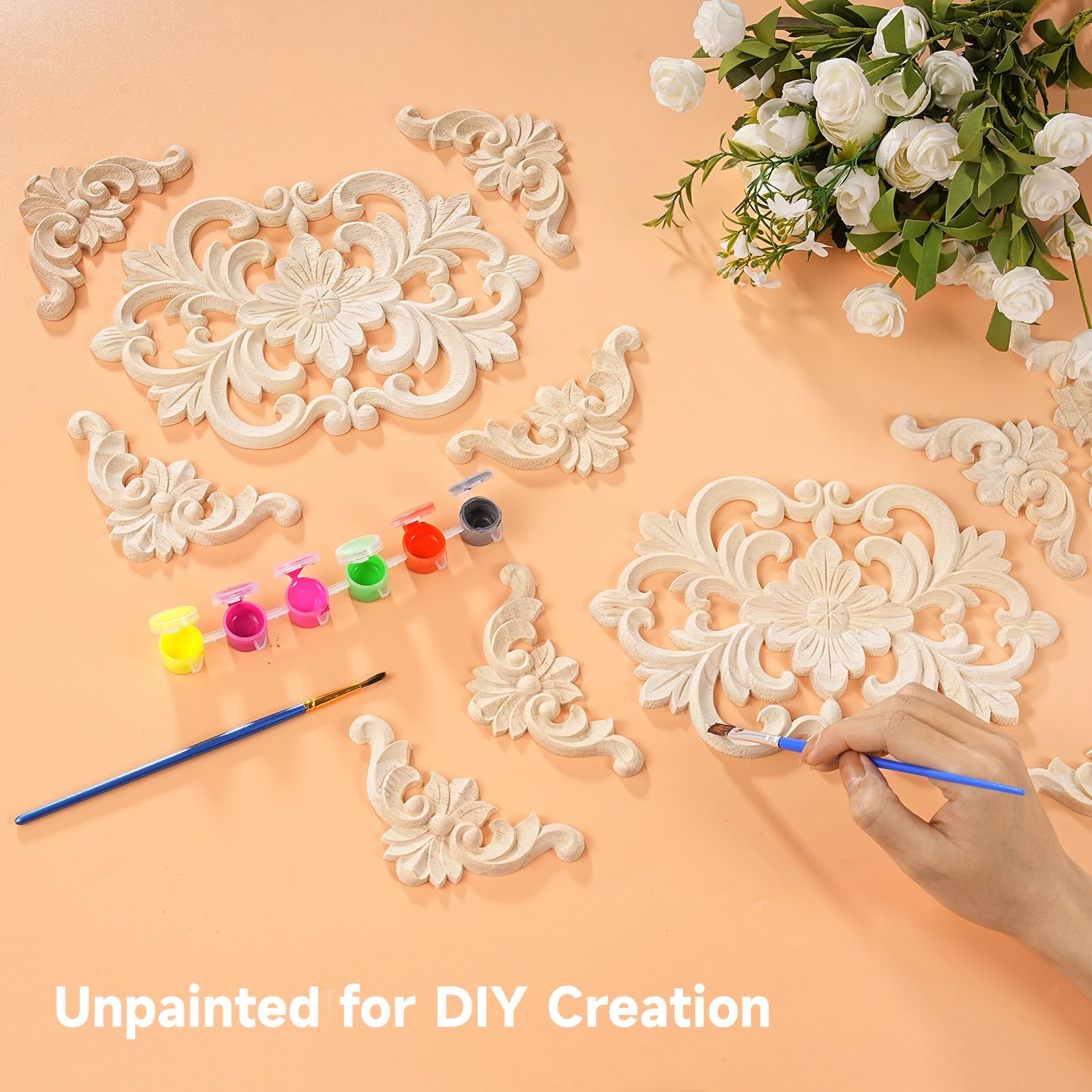 Wood Flower Carved Appliques – Set Of 20 Unpainted DIY Furniture Decals For Doors, Cabinets & More 11 thumbnail image