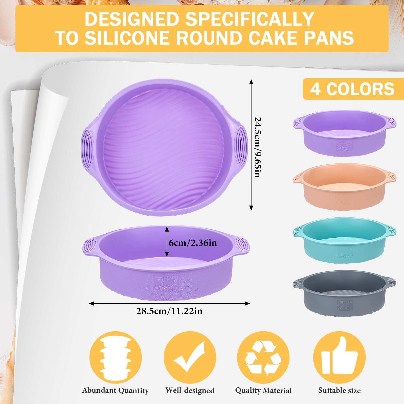 Baderke 4 Set 9 Inch Silicone Round Cake Pan Bread Non Stick Mold Kitchen Baking Tool for Thanksgiving Cake Pizza Cheesecake, Purple Blue Pink Gray