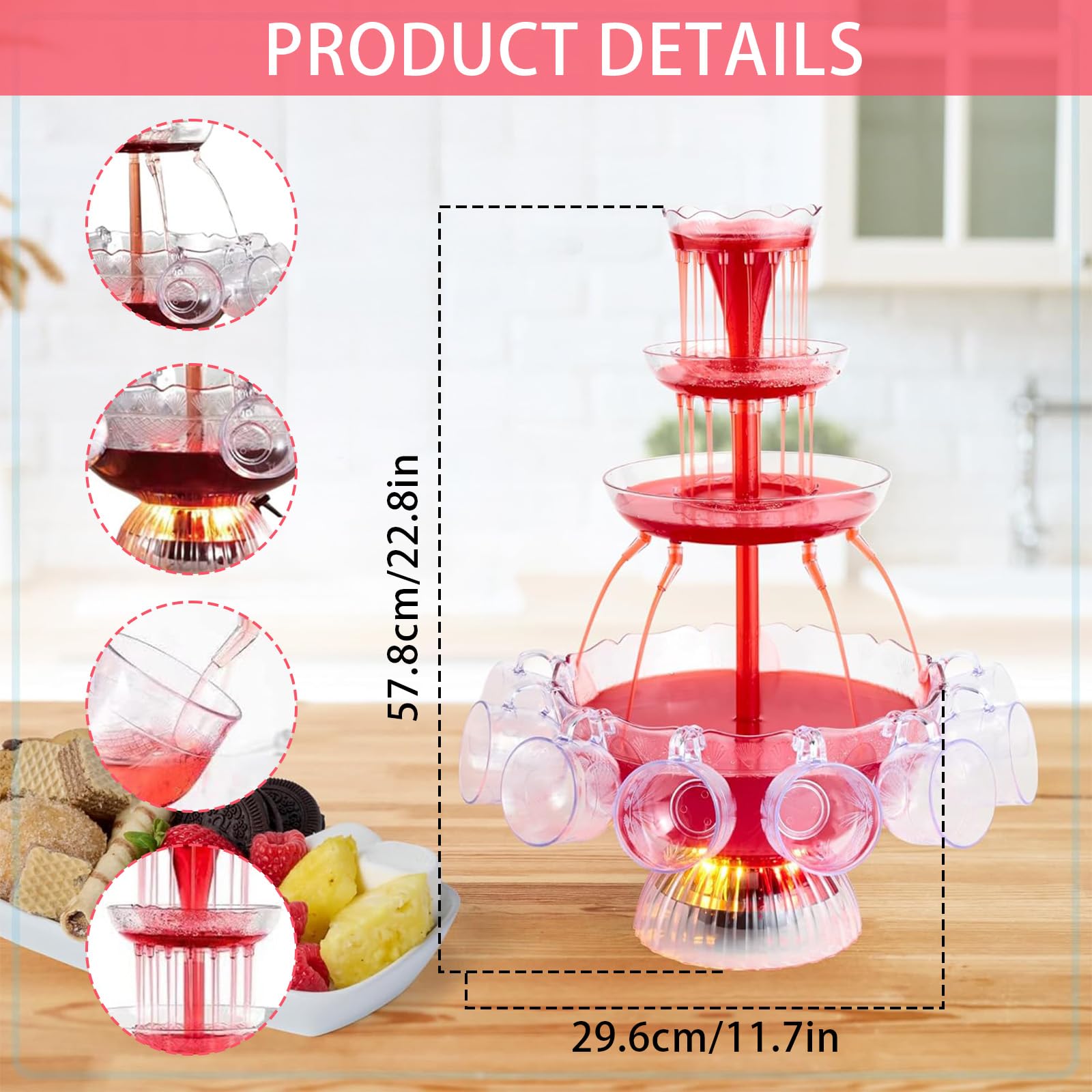 3 Niveaux Fontaine de Fête avec Boissons Réutilisables, Vin Éclairé LED, Fontaine à Boire pour Pubs, Fêtes et Anniversaires
