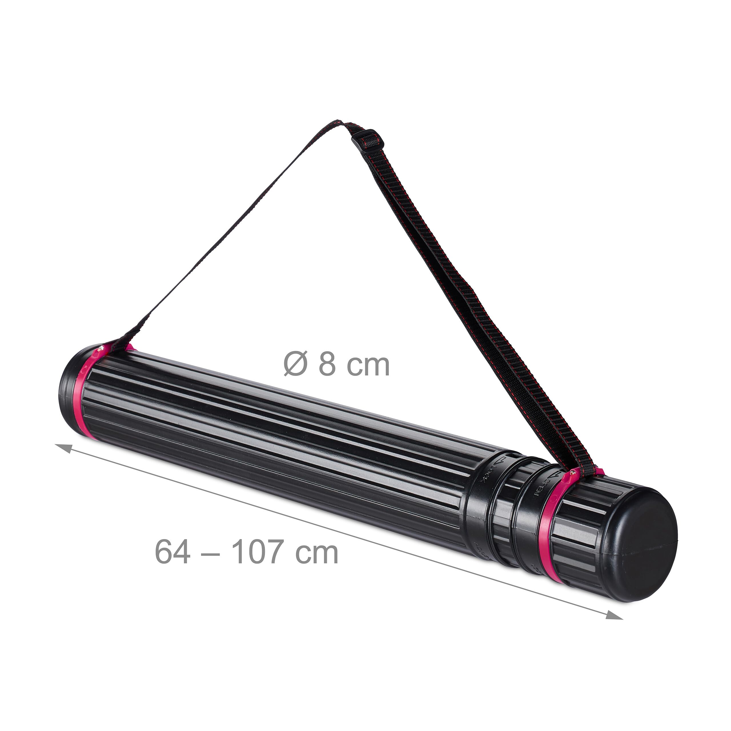 Relaxdays Tubo Portadisegni, Formato Max. A0, Cintura Regolabile, Tappo a Vite, Altezza 64-107 cm, Plastica, Nero Rosa