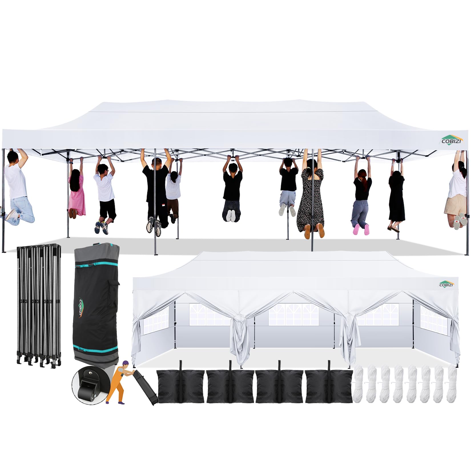 Photo 1 of **FOR PARTS ONLY, DAMAGED PIECES*** COBIZI 10x30 Pop Up Canopy with 8 Sidewall,Heavy Duty UPF 50+ All Season Wind Waterproof Commercial Outdoor Wedding Party Tents for Parties Canopy Gazebo with Roller Bag(10 x 30 ft White)