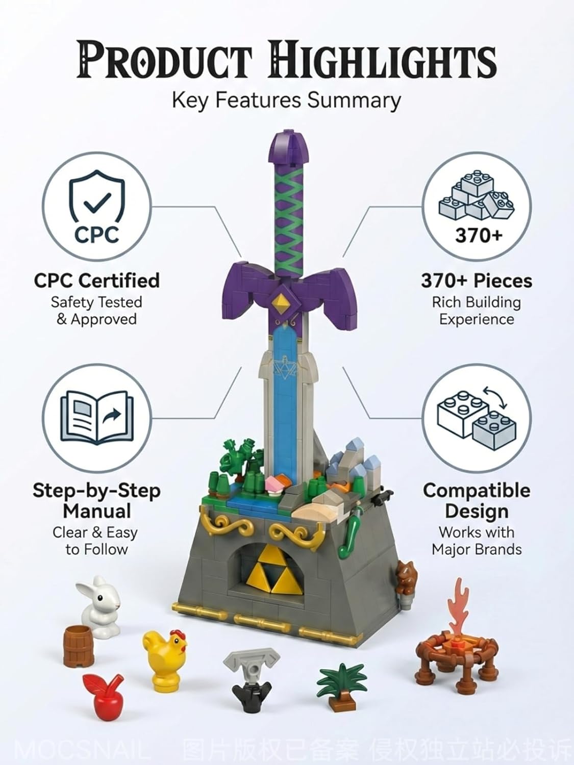 Sword Building Set Brick Sword with Stone Pedestal, Fantasy Weapon Model Kit for Adults, Display Collectible Decor Compatible with the Master-Sword & Major Brick Brands