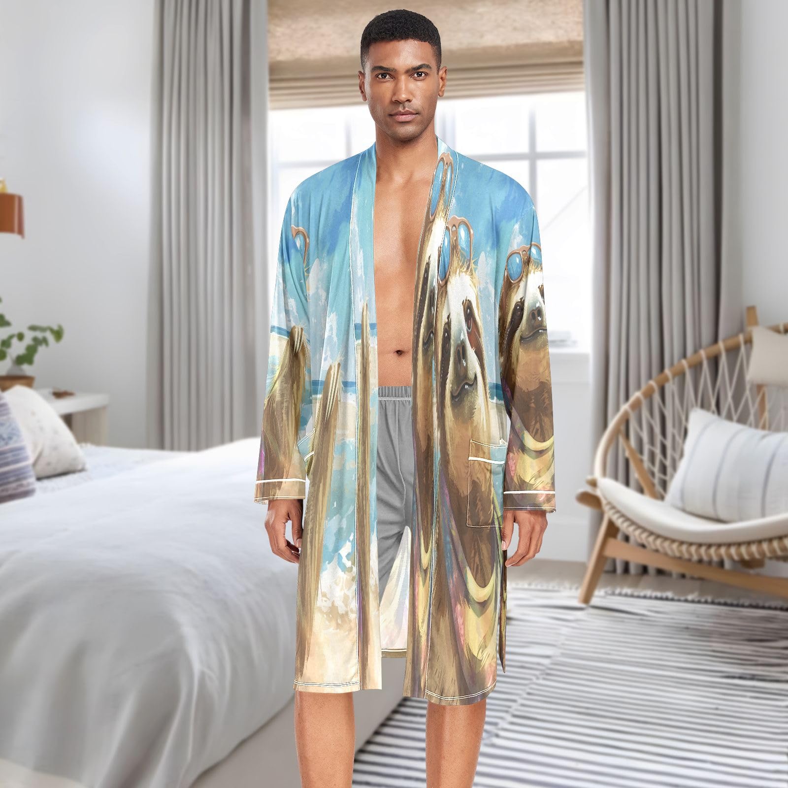Accappatoio leggero da uomo, con bradipo in stile cartone animato, spiaggia, colori freschi e vivaci