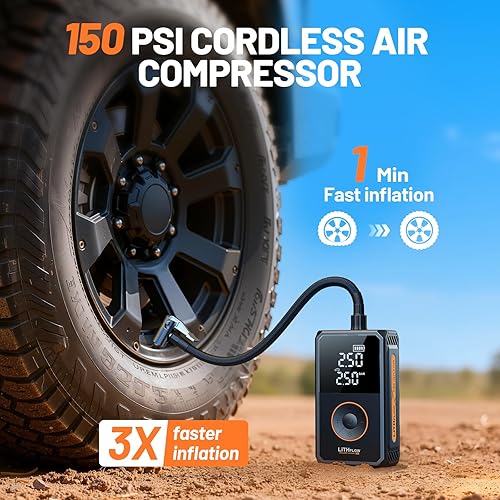 Miniatura 2 de Compresor de aire portátil para inflador de neumáticos, kit de bomba de bicicleta inalámbrica con pantalla grande, inflado 1 minuto más rápido con