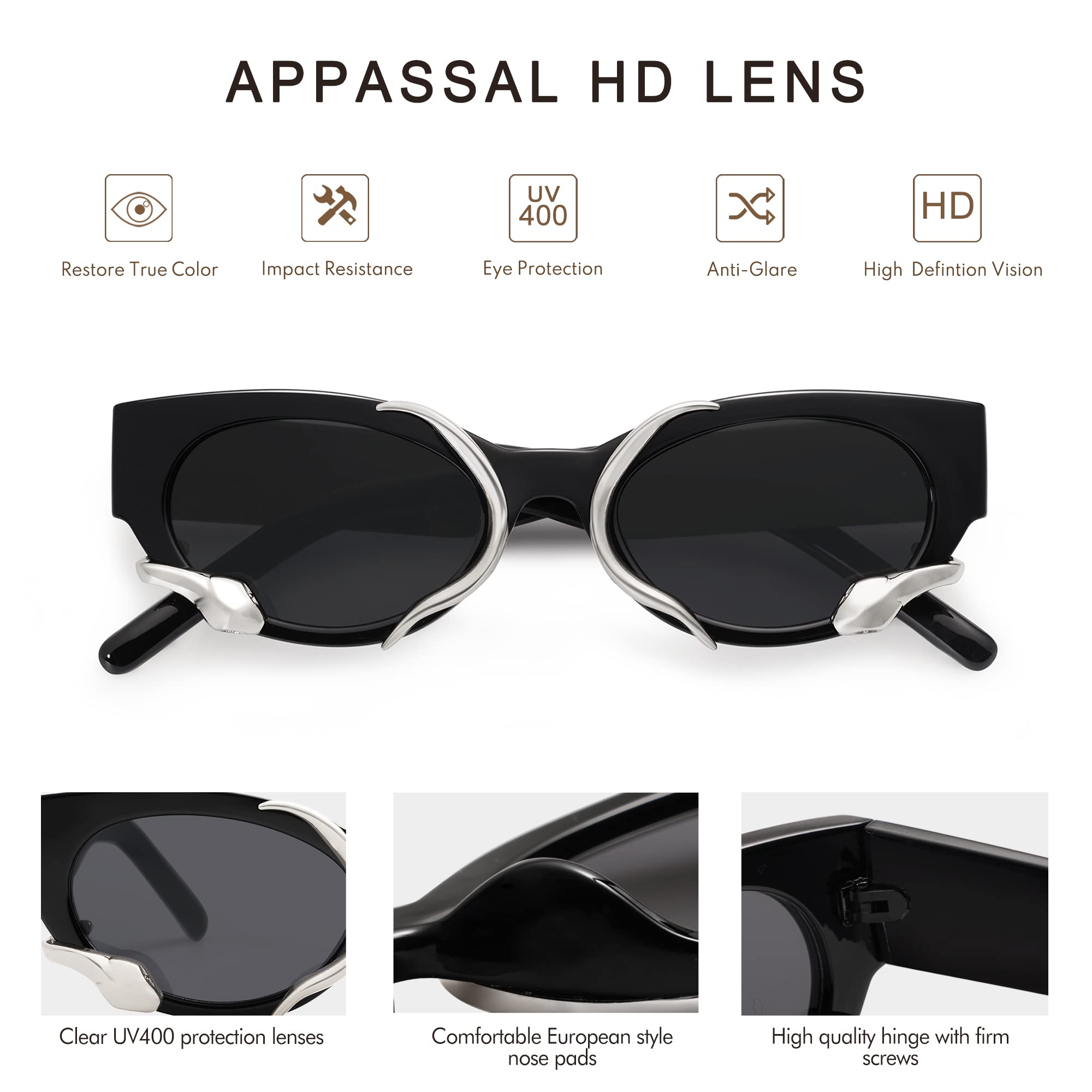 Appassal Trendy Sunglasses for Women Men Vintage Narrow Cateye Metal Snake Sunnie Y2k Accessories AP3621,Black/Grey/Silver Snake