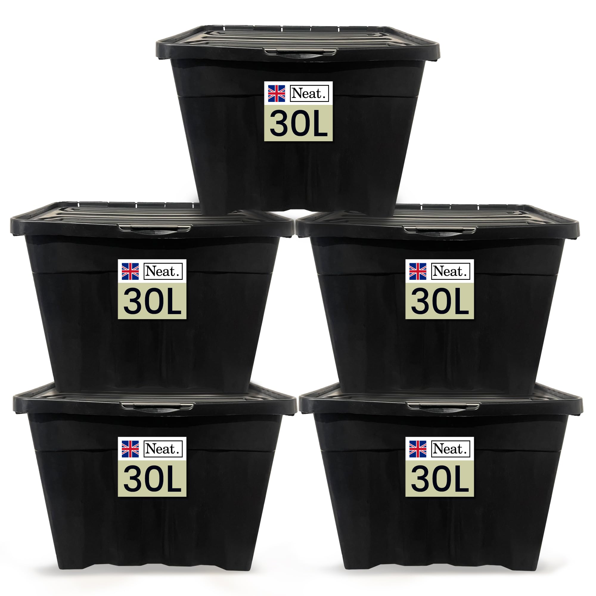 Neat. 30L Storage Boxes with Lids - Black Base & Hinged Lid Ideal for Home Organisation, Durable Plastic Containers, Space-Saving Box Storage Solutions, Plastic Box with Lid for Easy Access, Pack of 5