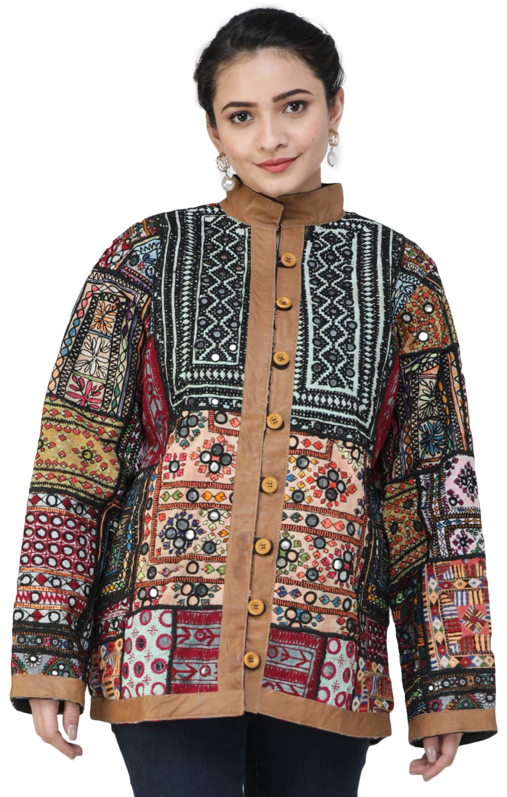 Exotic IndiaMulticolored Jacket from Kutch with Hand-Embroidered Pa - Muticolor