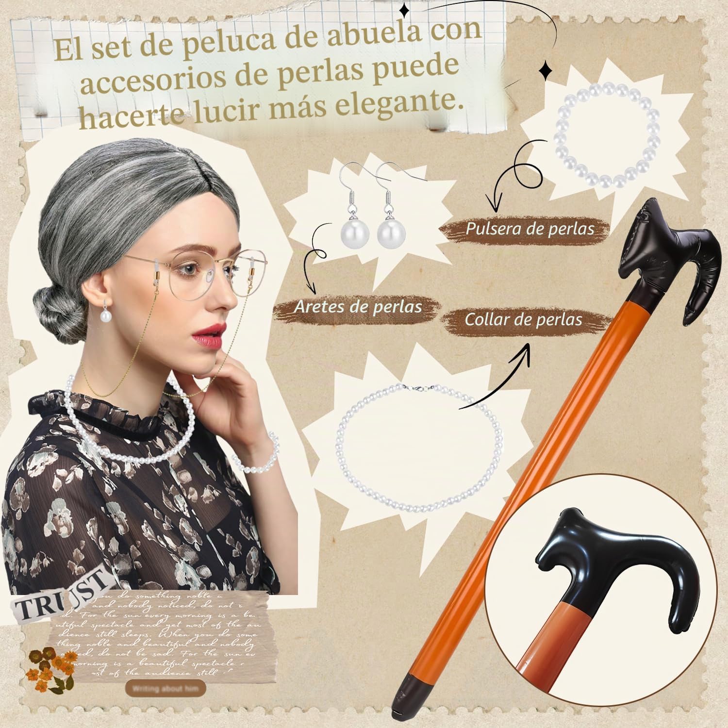 Disfraz Abuela Peluca Abuela Peluca Gris Collar de Perlas Artificiales Pulseras Orecchini de Perla Artificiales Cadena de Gafa Bastón Caminar Andador Inflable para Juego de Roles Halloween Carnaval