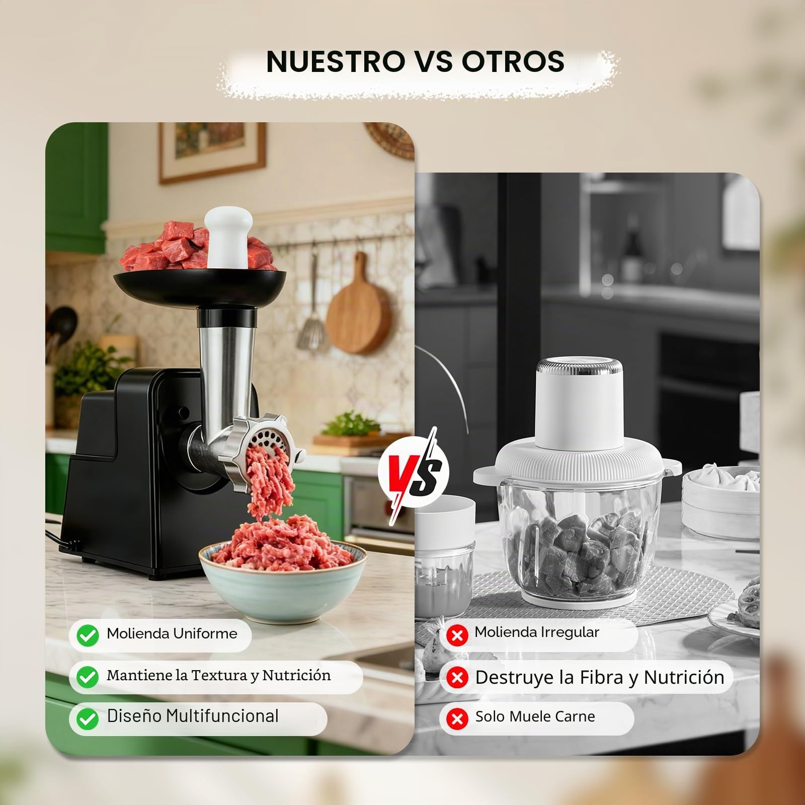 Picadora eléctrica de carne,embutidora de salchichas,y trituradora de verduras de acero inoxidable de 2800W máx, 3 placas de picado, cortador de verduras con 5 cuchillas de corte y kit Kubb