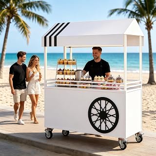 Portable Vendor Cart with LED Lights & Canopy, Coffee & Food Cart