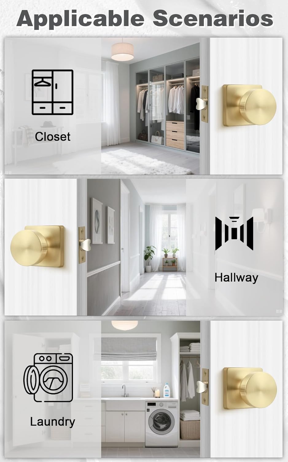 Probrico Unique Passage Door Knobs Interior 4 Pack, Classic Keyless Closet and Hallway Door Handles Inside, Square Base Doorknobs with Brushed Gold Finish