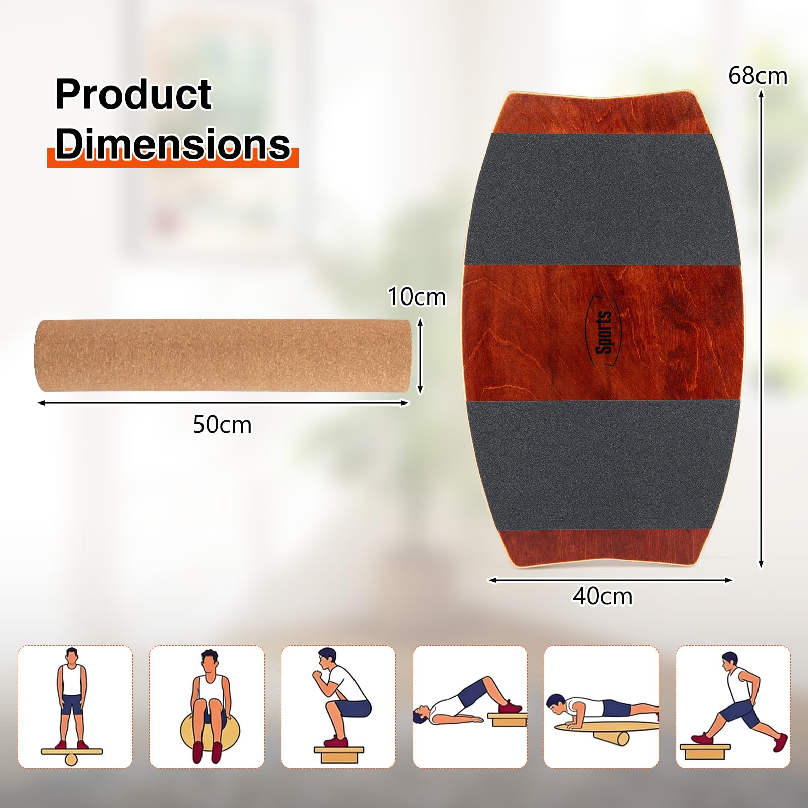 FANTASK Balance Board aus Birkenholz, 15 mm Surf Balanceboard mit 10 cm Korkrolle, Balance Trainer für Kinder & Erwachsene, Surfboard indoor für Surfen, Skifahren, Snowboarden, Skateboardtraining