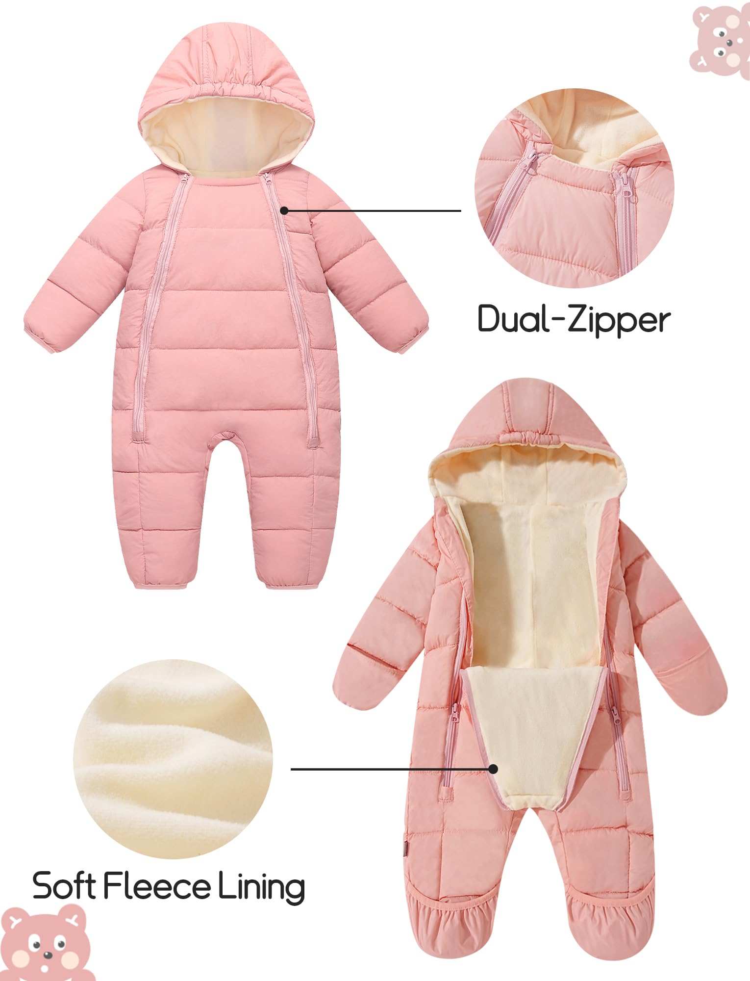 SEAUR Combinaison de Neige Bébé avec Pieds Barboteuse d'Hiver Doublée à Capuche Fermetures Éclair Nouveau-né Filles Garçons Tenues Chaudes 0 mois-24 mois