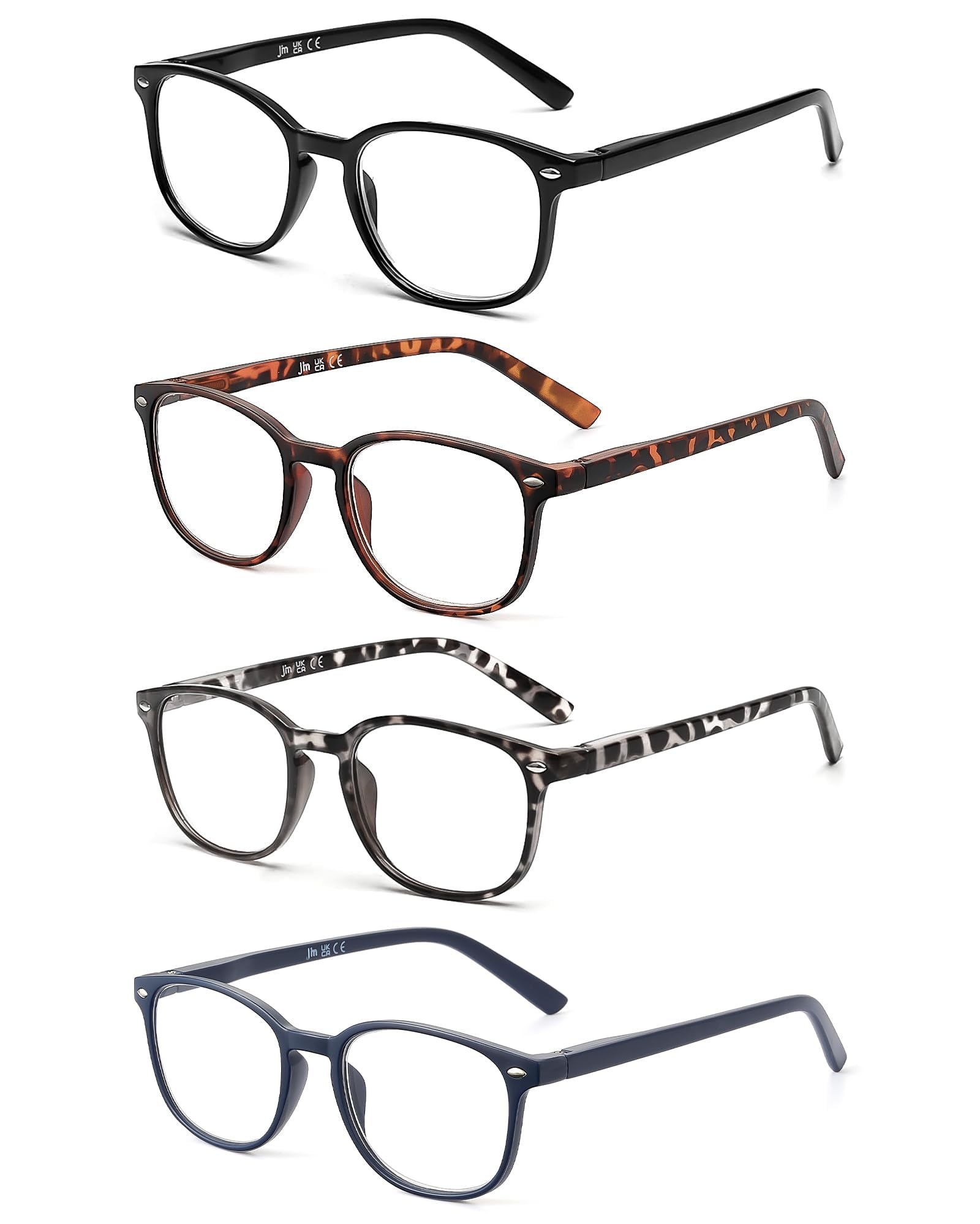 JM 4 Pack Square Reading Glasses, Spring Hinge Readers for Men Women, Mxied Color +0.75