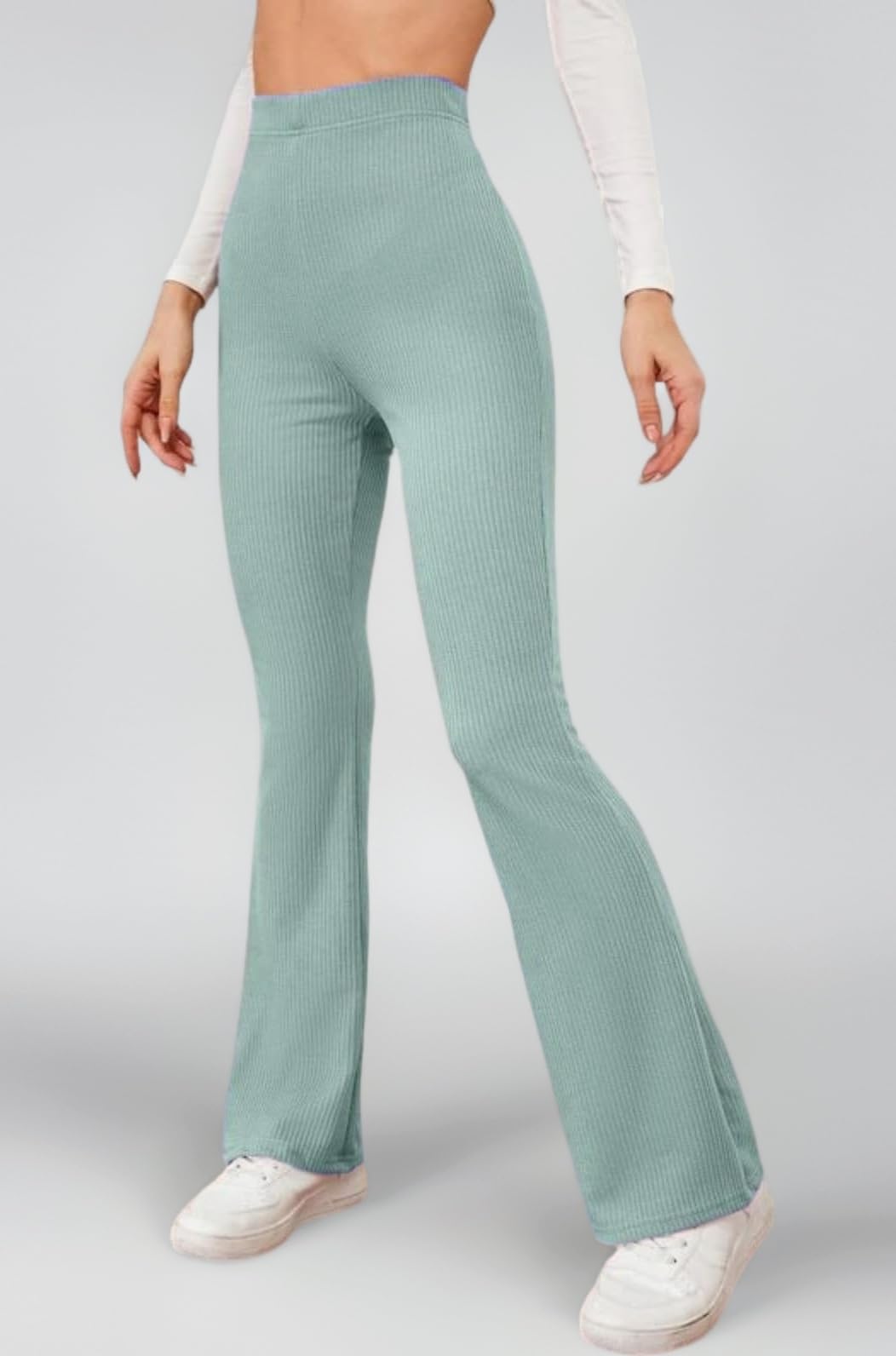 DHRUVI TRENDZ Women Lycra High Waist Ribbed Flared Pants | Stretchable Bell Bottom Bootcut Trousers for Women | Slim Fit Casual Yoga Gym Lounge Wear Palazzo Pants for Girls