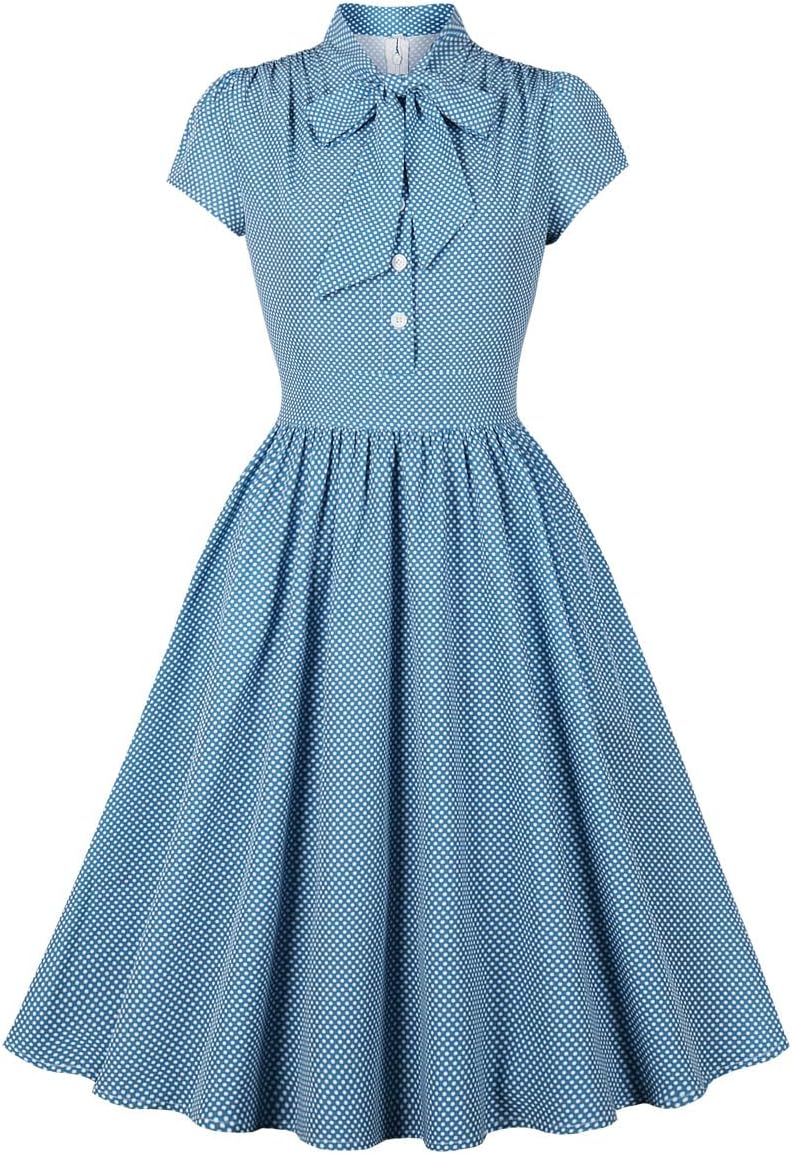 Wellwits Women's Bow Tie Neck Polka Dots Vintage Shirt Dress