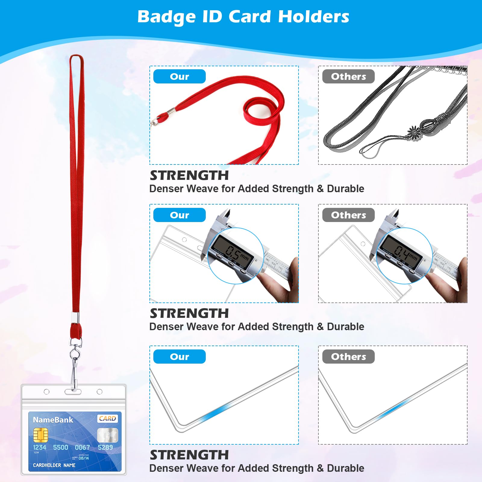 Lot de 50 porte-badges horizontaux en plastique transparent et 50 cordons plats rouges avec crochet pivotant