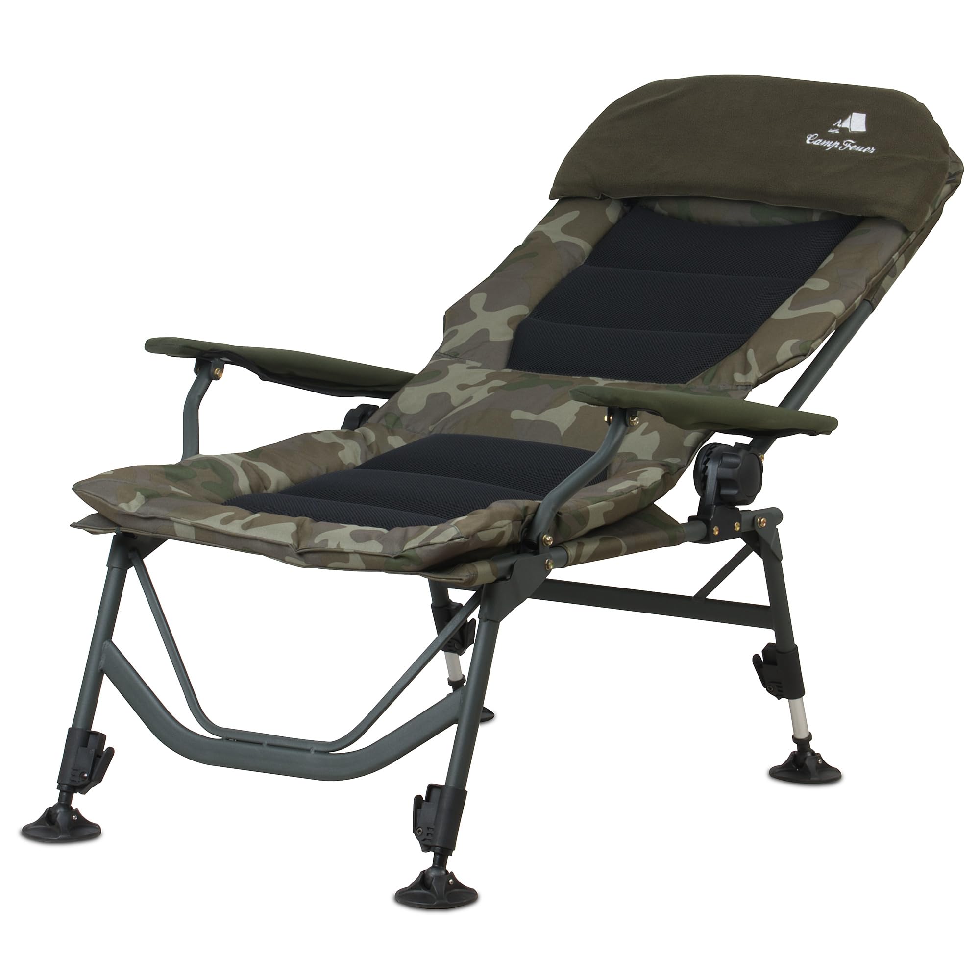 CampFeuer Sedia Pesca Camouflage Verde Oliva | Sedia Campeggio Regolabile Altezza | Poltrona Carpfishing Pieghevole con Cuscino | Sedia Outdoor Viaggio per Campeggio, Tenda, Pesca | Carp Chair