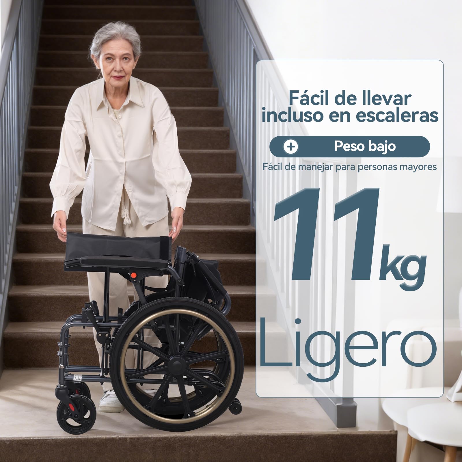 M4 Silla de ruedas plegable autopropulsable para adulto(11KG),asiento ancho 46cm, con reposapiés desmontables, ruedas antivuelco y sistema doble freno, capacidad 100KG,Ideal para cuidado y movilidad