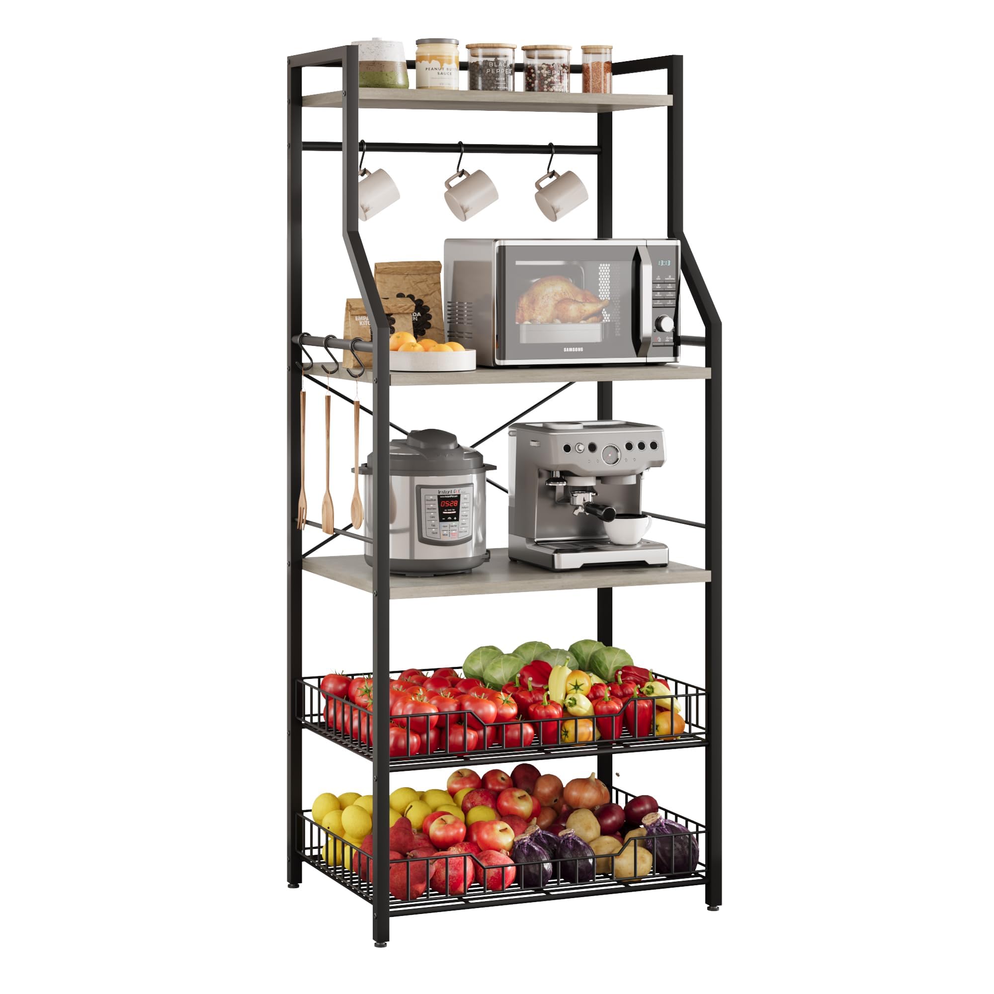 Garvee Estante de cocina de 5 niveles con soporte para microondas, incluye 2 cestas de alambre grandes, 8 ganchos y estantes de almacenamiento industriales para barra de café, perfecto para cocina o