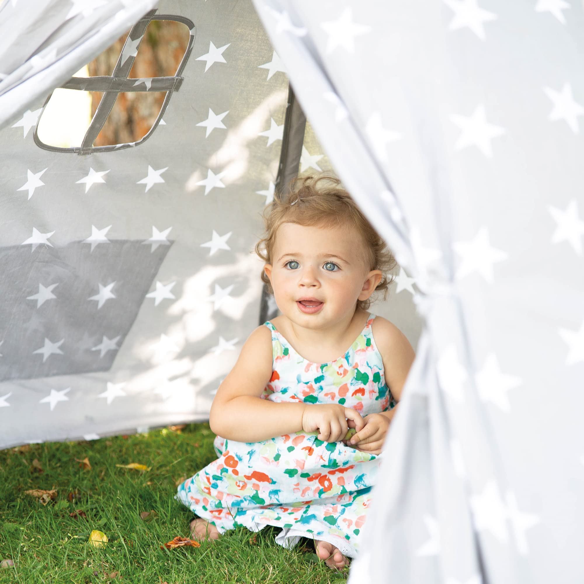 roba Spielzelt 'Little Stars' inkl. Bodenunterlage und Tragetasche - Wigwam für Kinderzimmer und Outdoor - Grau / Weiß