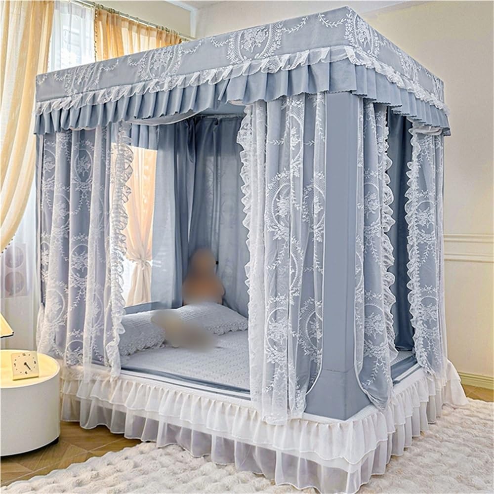 Princess Bed Canopy Curtain, Double Layer, 4 Corner Post, 3 Openings, Cute Cozy Square Design for Girls Bedroom, Suitable for Full/Queen/King Size Beds