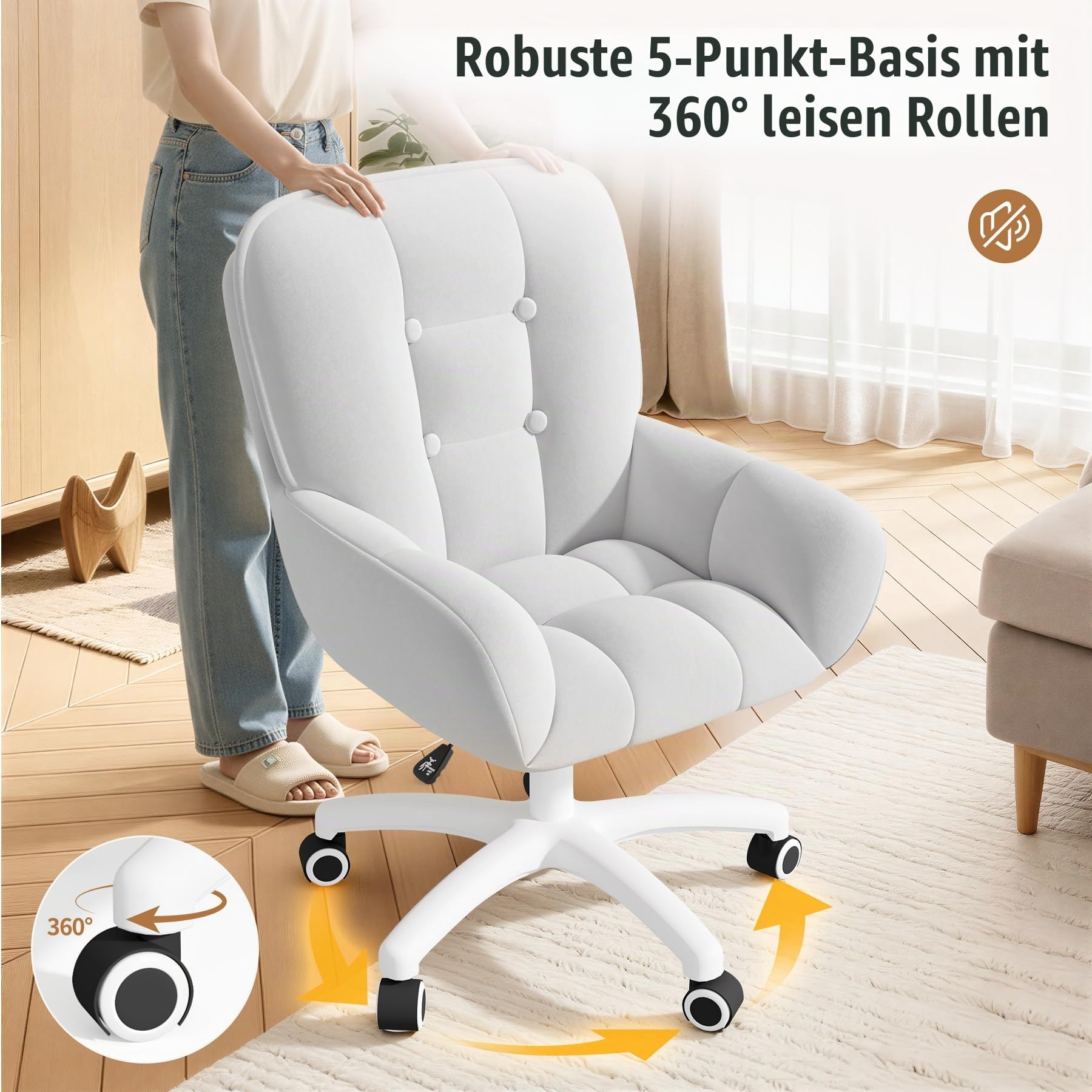 Homeoffice & Schminkstuhl 2-in-1 Ergonomischer Samt Drehstuhl 360°, Höhenverstellbar für Arbeitszimmer Schlafzimmer Weiß | Höhenverstellbar,360°Drehfunktion, bis 150kg,Samtbezug,Homeoffice Stuhl,Schminktischstuhl, Schlafzimmer,Arbeitszimmer