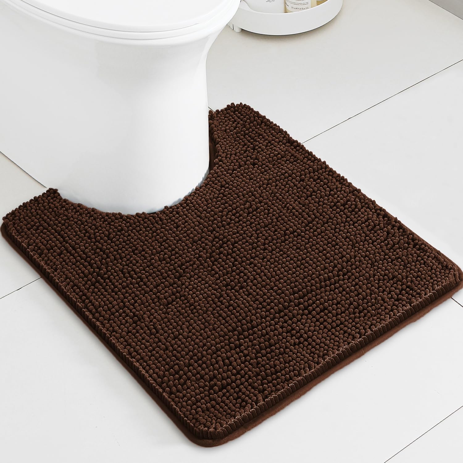 PureSwan Brown Toilet Rug U Shaped – Absorbent and Washable Contour Bathroom Rugs for Toilet, Non-Slip, Thick Soft Chenille Contoured Bath Mat - 20" x 24"