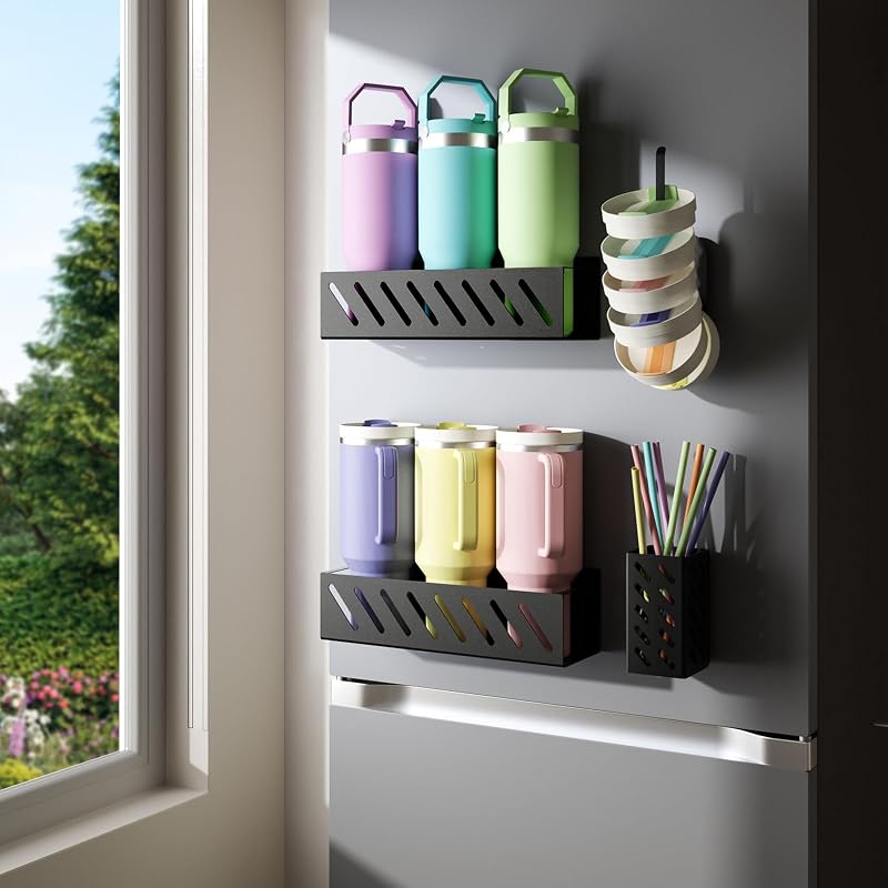 Magnetic Stanley Cup Organizer for 6 Tumblers, Lid & Straw, 2-Pack, Black | Compatible with full Stanley 30/40oz tumblers, Lid & straw organizer, mounts on iron/fridge. Compact storage.
