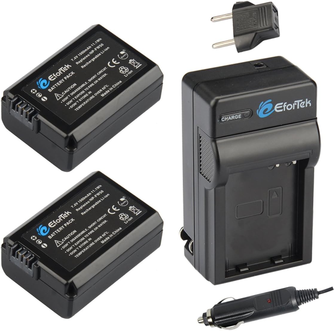 NP-FW50 Efortek Replacement Battery Charger Set for Sony A6000, A6500, A6300, A7, A7II, A7SII, A7S, A7S2, A7R, A7R2, A7RII, A55, A5100, RX10, RX10II