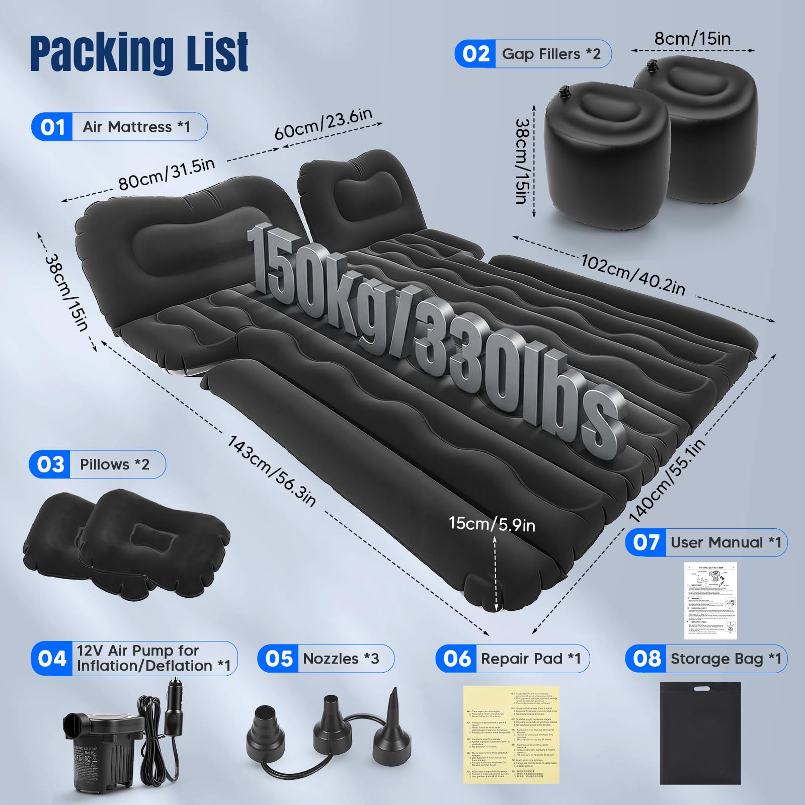 Matelas Gonflable Voiture, Matelas de Camping SUV pour Coffre et Banquette Arrière, Pompe 12V Incluse + 2 Oreillers ,2 Remplisseurs, Surface Flockée Douce Étanche, Convient Voiture RV MPV Fourgonnette