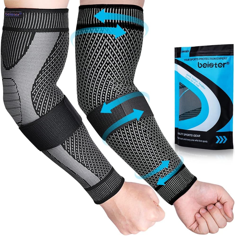 Compression Arm Sleeves with Elastic Strap for Men & Women (Pairs), Elbow Braces, 20-30 mmhg Non-Slip Breathable Thick Full Arm Supports for Tennis Elbow, Workouts, Arthritis,Lymphedema,DVT