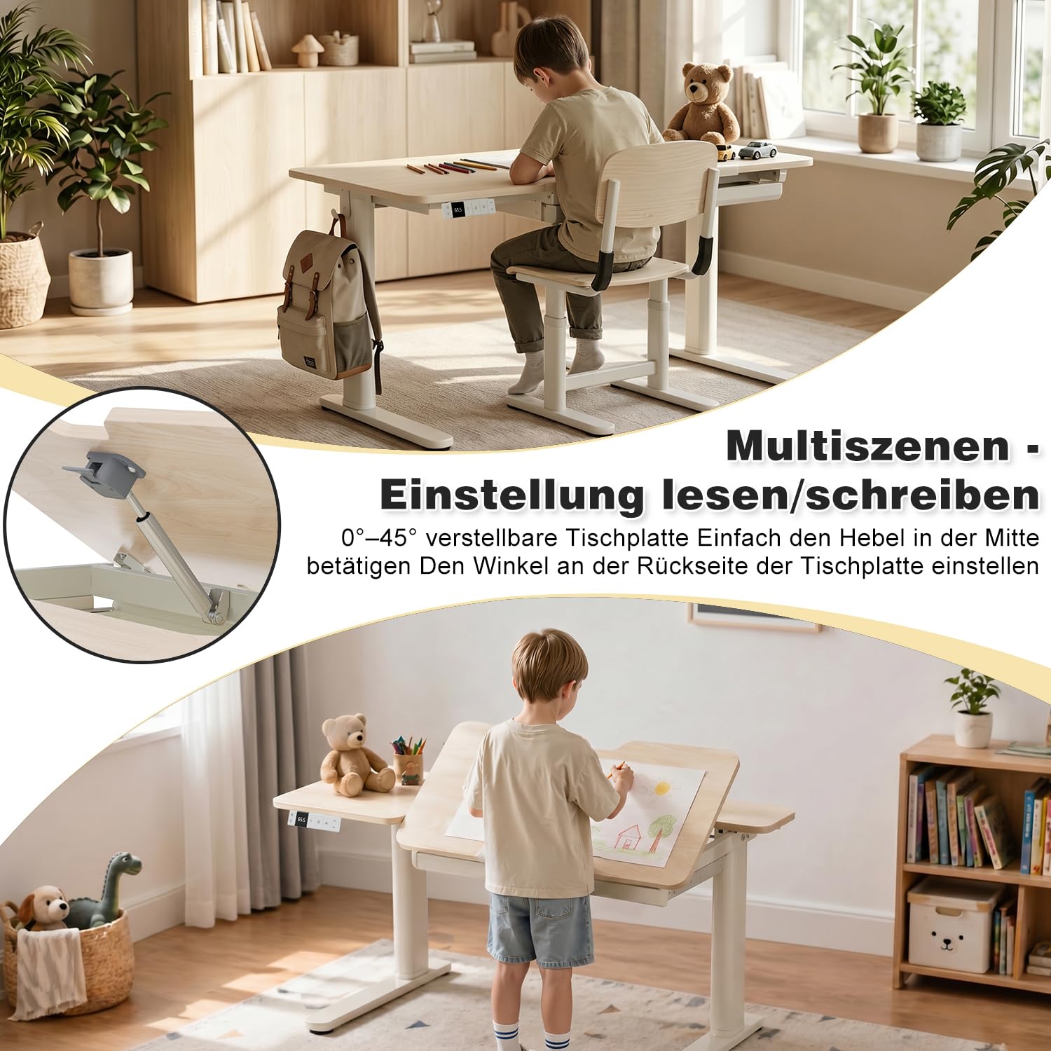 Devoko Kinderschreibtisch, Elektrisch Höhenverstellbarer Schreibtisch mit neigbarer Tischplatte mit Schubladen, Standing Desk mit 3 Speicherplätzen, Schreibtisch Kinder ab 6 Jahren, 120 x 60 cm Beige