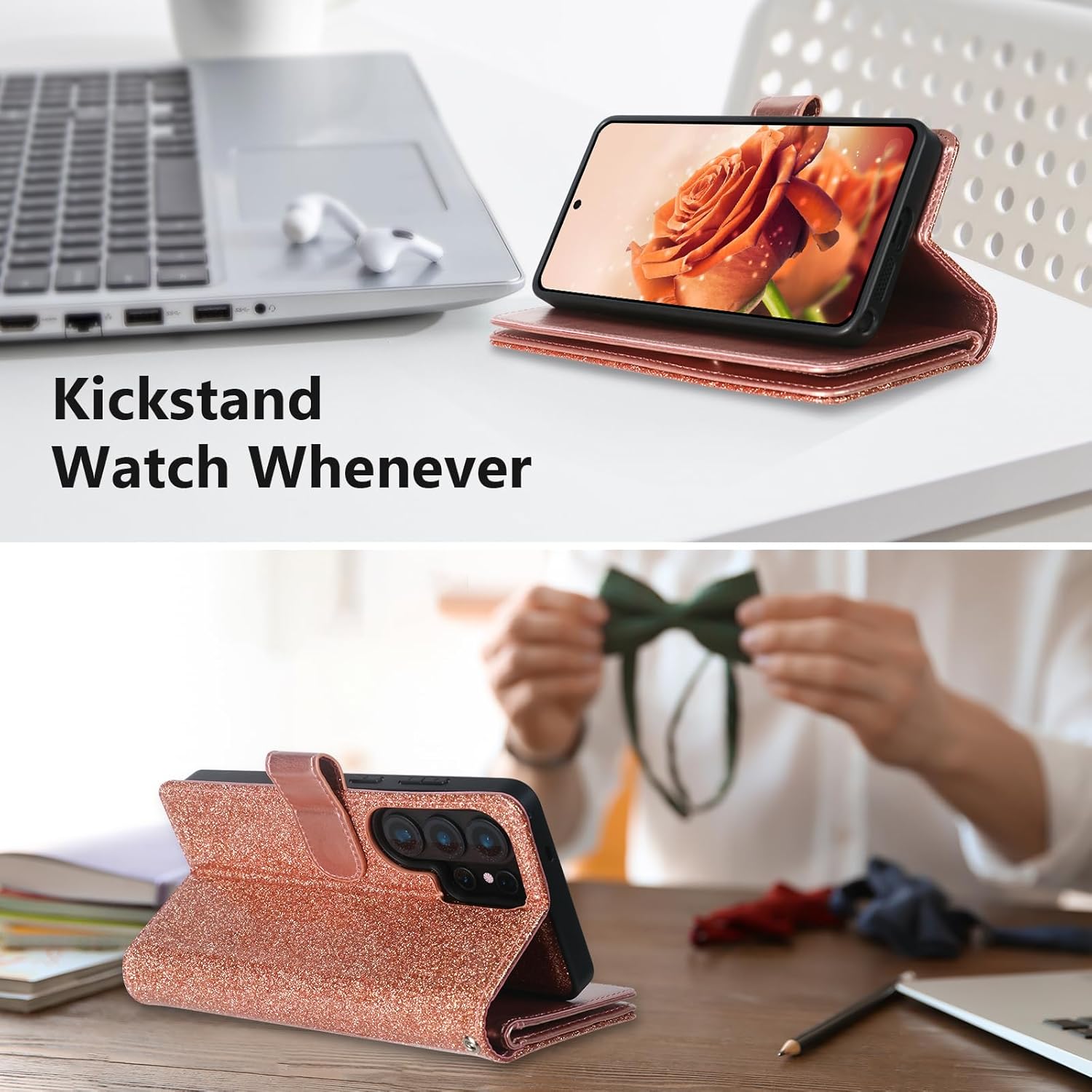Varikke for Galaxy S26 Ultra Wallet Case Detachable with RFID Blocking Card Holder for Women, Glitter Leather Strap Magnetic Flip Removable Phone Case for Samsung Galaxy S26 Ultra 6.9", Rose Gold