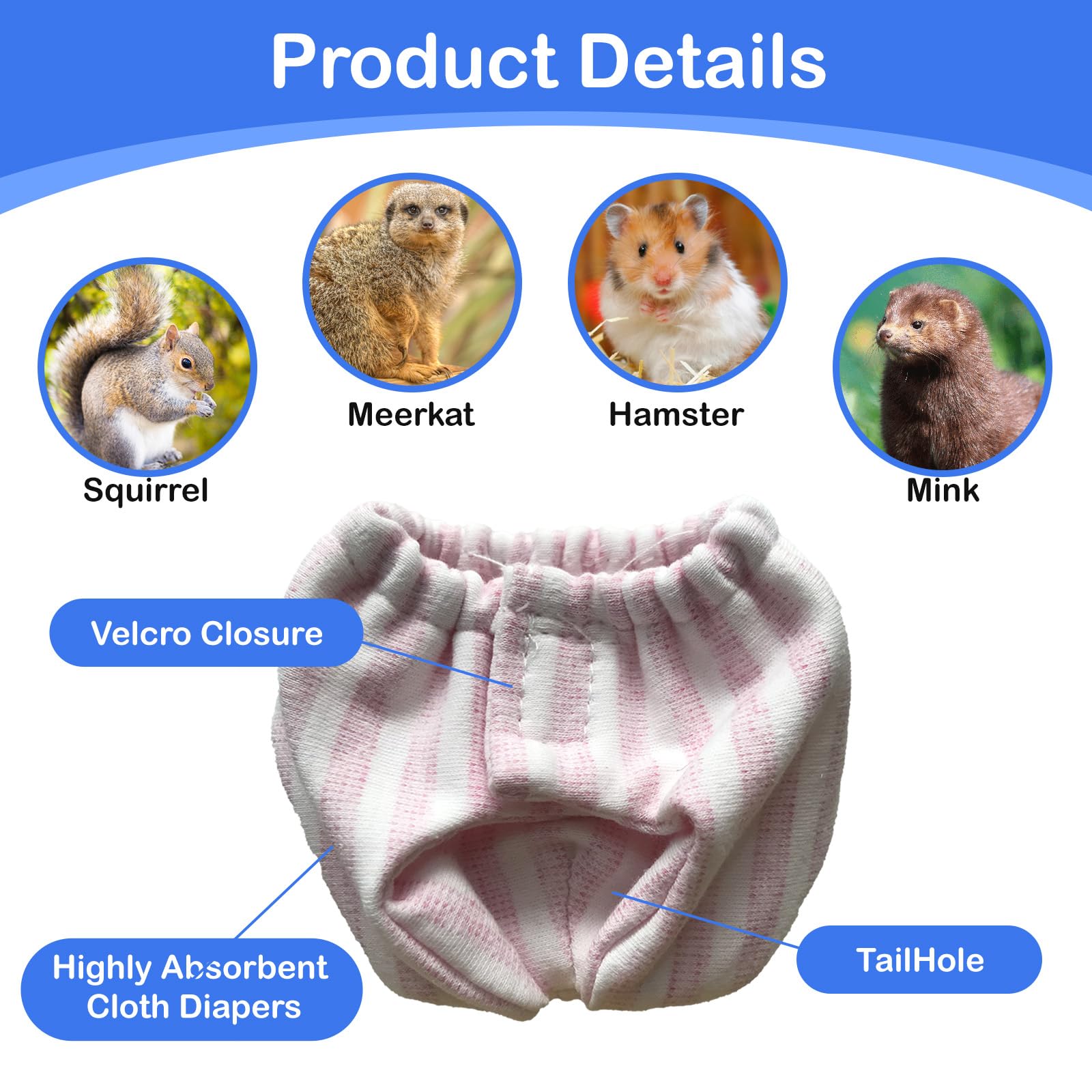 2PCS Small Pet Diapers,Adjustable Sugar Glider Diapers Climbing Diapers,Washable,Specially Designed for Use on Pet Squirrels Small Medium Guinea Pig (Pink Stripes - Image 4