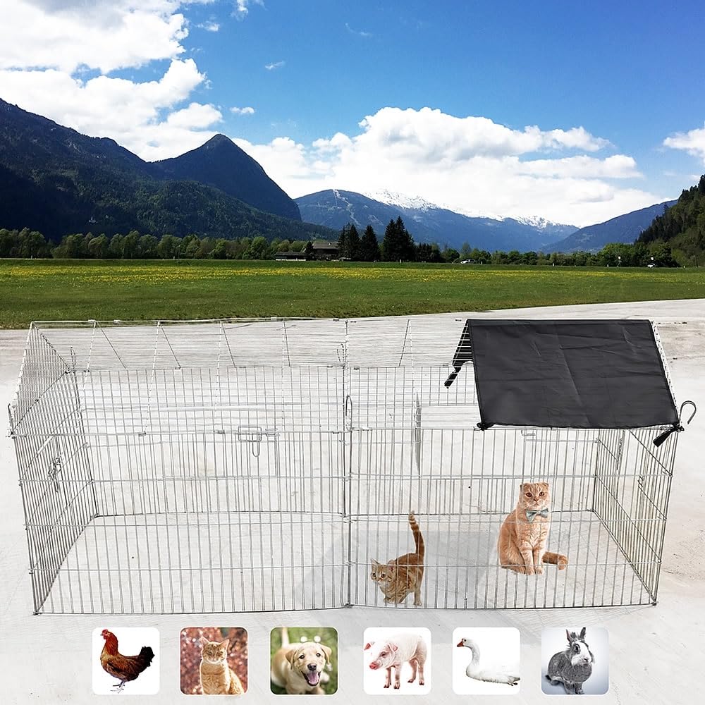 Mucola Freigehege Kleintiere 180x75x75 cm Metall verzinkt mit Sonnenschutz | Freilaufgehege Kaninchen Auslauf Kleintierauslauf faltbar 4 Türen | Hasenauslauf Meerschweinchen Gehege Outdoor fuchssicher
