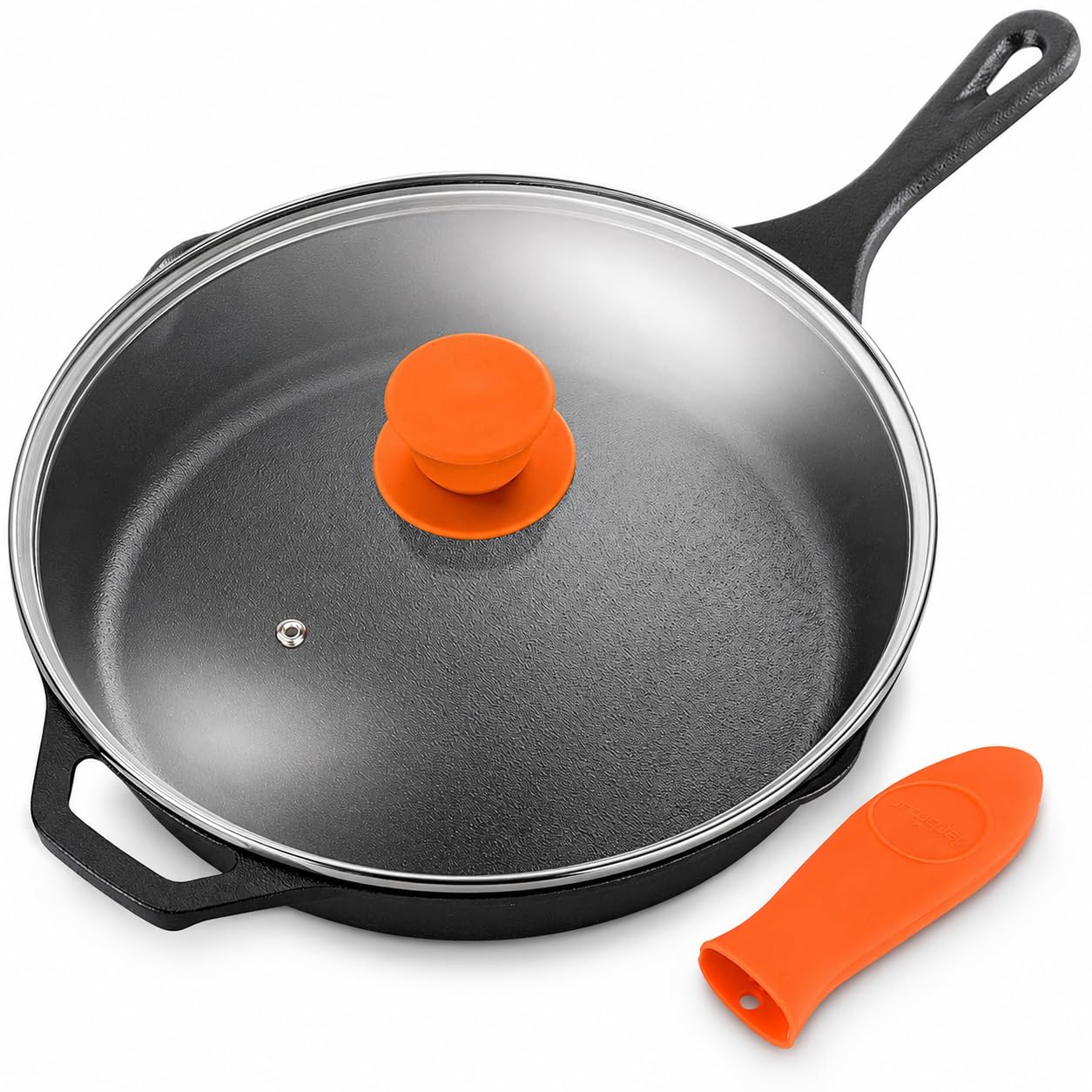 NutriChef Sartén de Hierro Fundido de 30,5 cm con Tapa, Apto para Horno, Antiadherente, Mango de Silicona, Para Todas las Cocinas