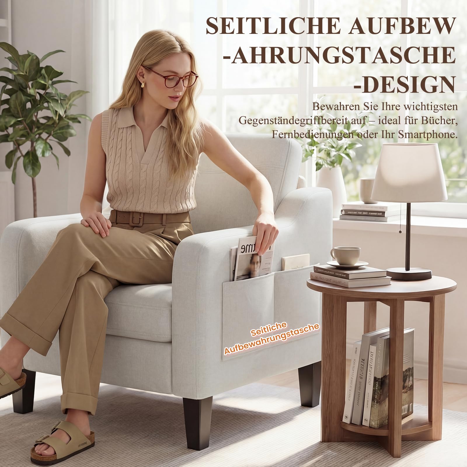 MALOL Sessel Wohnzimmer, Ohrensessel Wohnzimmer mit Ausklappbarer Holzseitentisch, Polstersessel mit Armlehnen Einzelsofa, Relaxsessel，Lesesessel für Wohnzimmer Büro Schlafzimmer, Beige