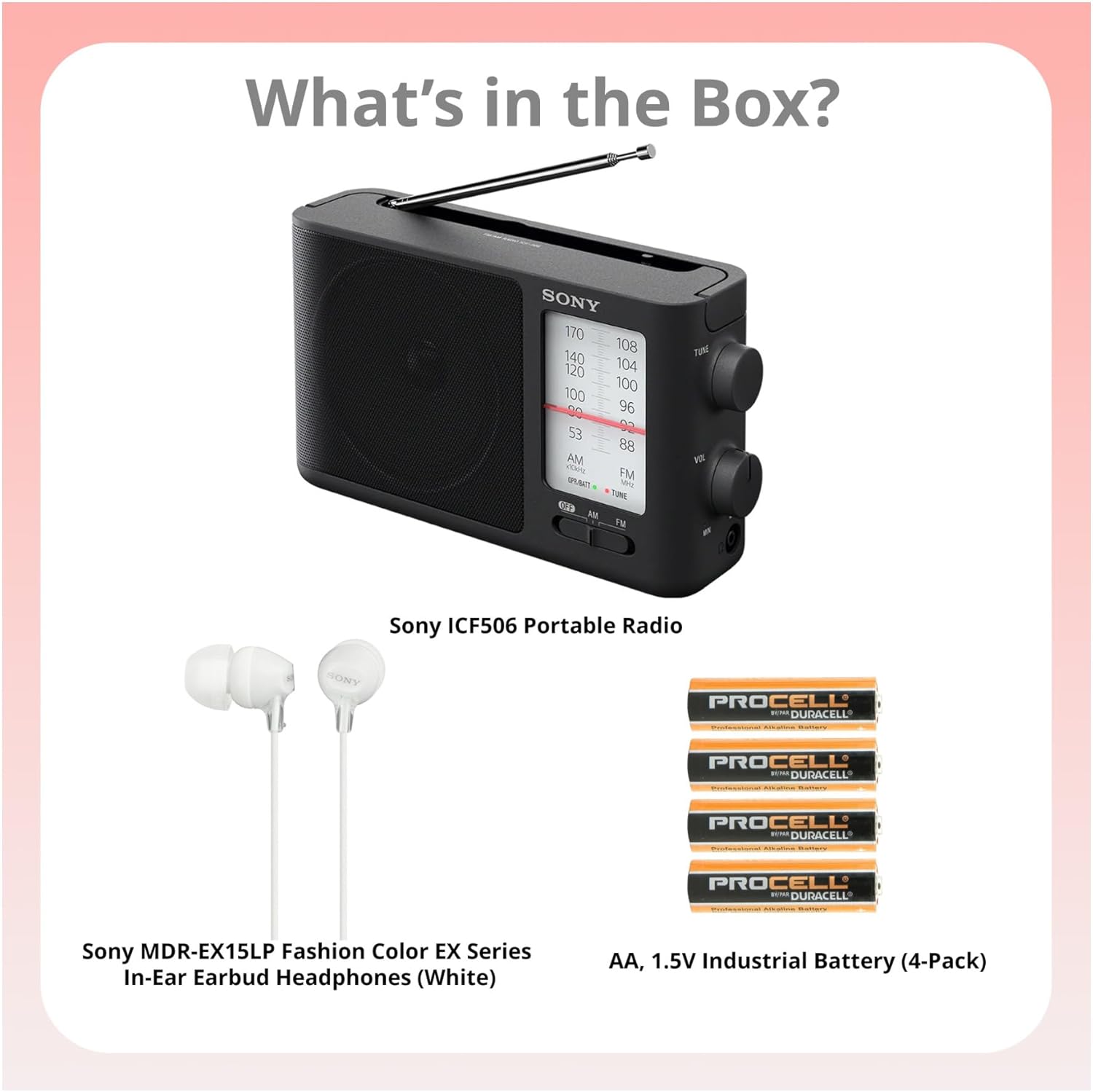 Sony ICF506 Portable Radio with AA (4-Pack) with Wired in-Ear Earbud Headphones and Radio Accessory Bundle (3 Items)