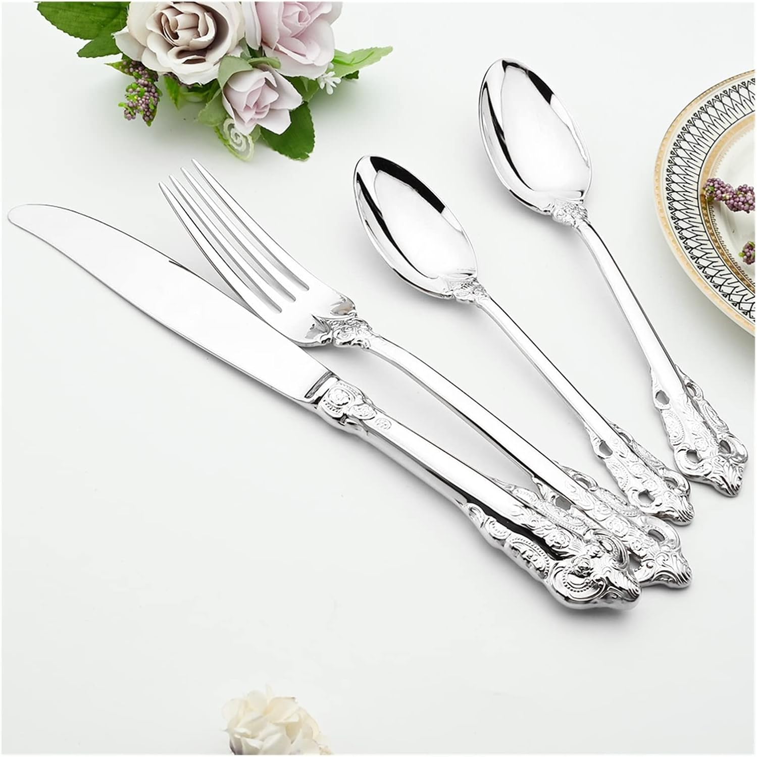 Dinnerware Set 6pcs Vintage Silver 304 Stainless Steel Cutlery Set Spoons Forks Tableware Mirror Dinner Kitchen Flatware leisurely (Color : Fruit fork)