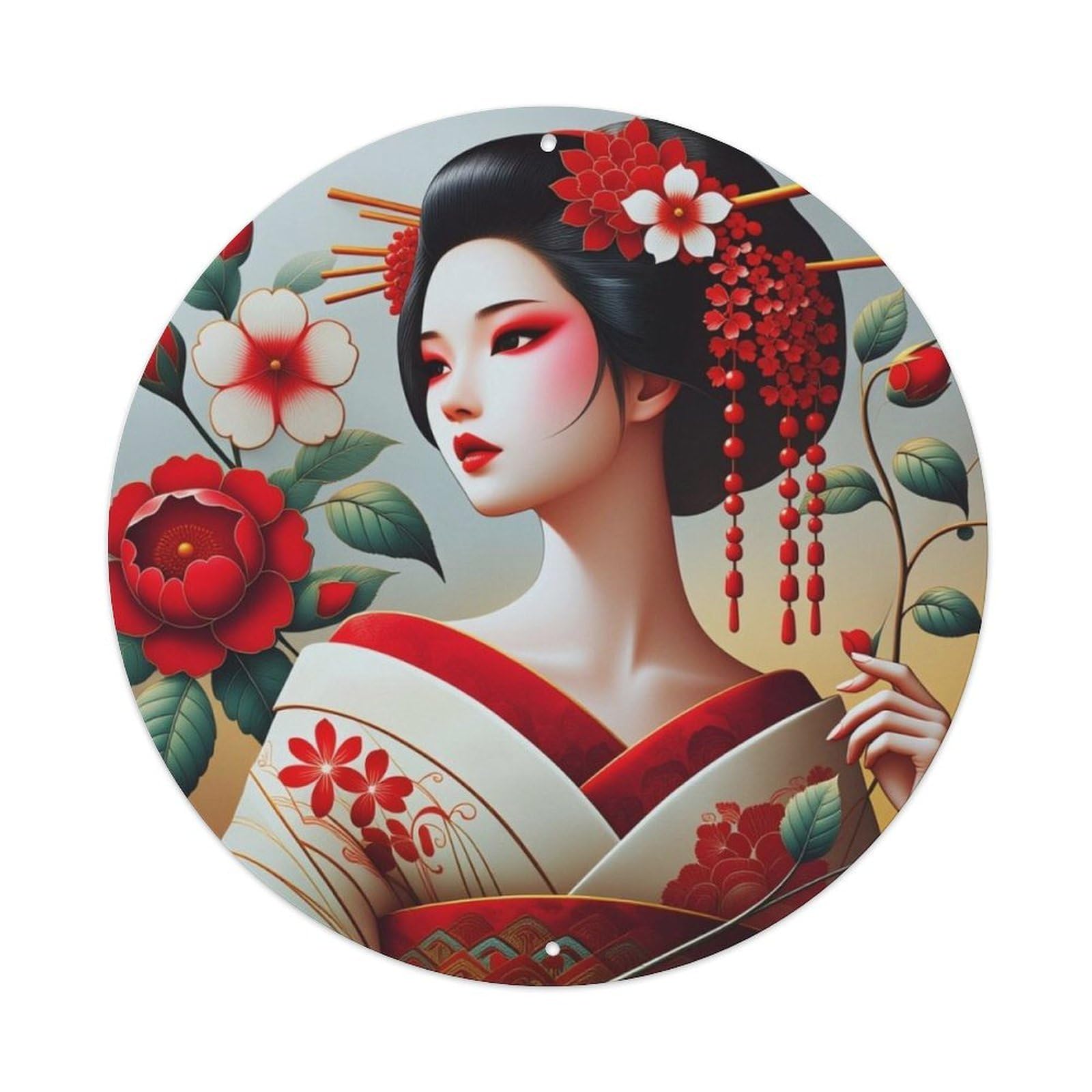 Japanese Geisha Red Floral Round Sign Vintage Aluminium Metal Sign, Retro Wall Decor for Home, Bar, Garage & Farmhouse 20x20cm