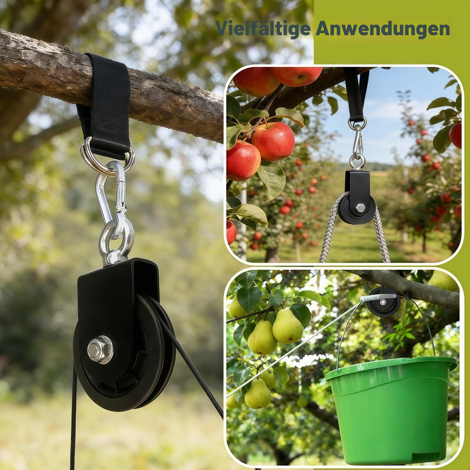 Umlenkrolle Seilrolle mit Hängegurt Karabiner Fitness Flaschenzug DIY Latzug Seil 90mm Seilrolle Fitness Latzugstange Seilzug Schaukelzubehör Trainer Zubehör für Home Gym Fitnessgeräte