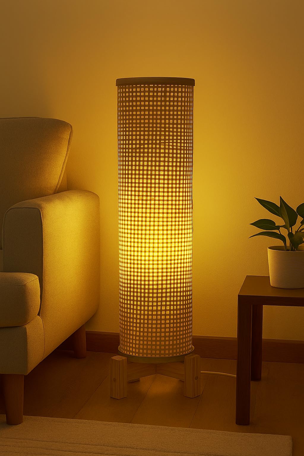 Handwoven Bamboo Floor Lamp with Wooden Stand | 68 cm Height, Warm Ambient Light, 18 cm Shade Diameter, Cylindrical Shade, Living Room & Bedroom-image-32