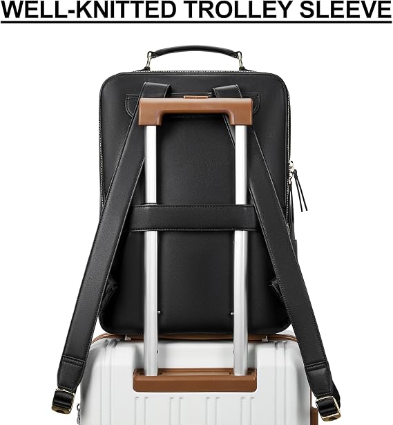 BOSTANTEN Leather Backpack 15.6 inch Laptop Bag Travel Casual Computer Backpack College Business Work Shoulder Bags with Trolley Sleeve for Women Men Black