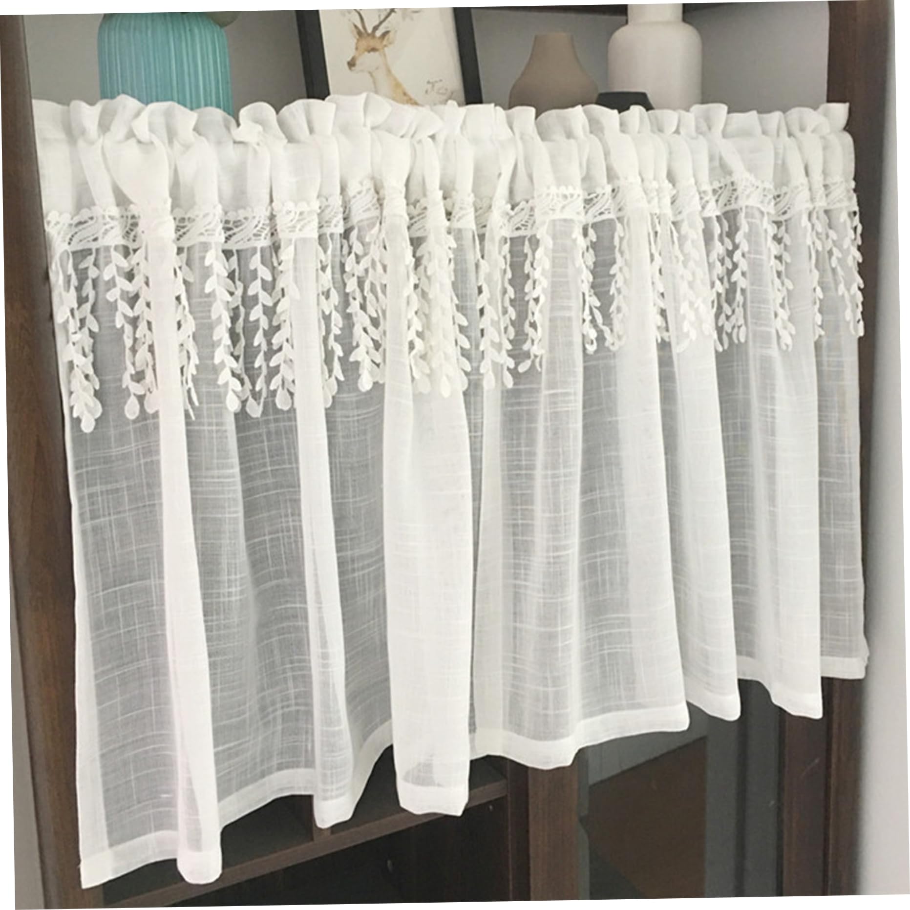 Cortinas de cocina de lino antirreflejos cenefa blanca semitransparente rústica 1