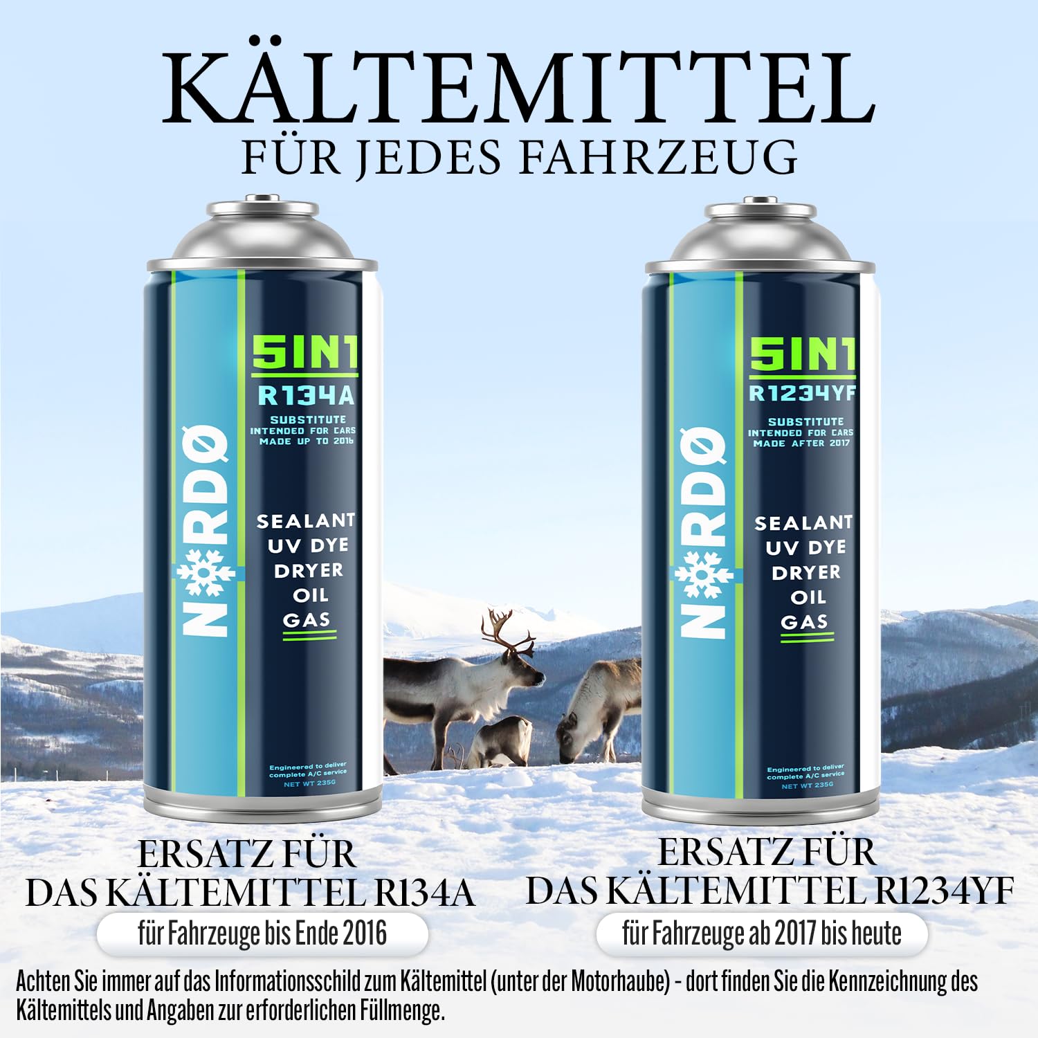 Nordo - 5in1 R1234yf XL + Schlauch + YF-Adapter für Auto Klimaanlage mit Öl, Dichtungsmittel, UV-Farbstoff, Trocknungsmittel – Schnelle Anwendung – Schützt den Kompressor – 2x235 g