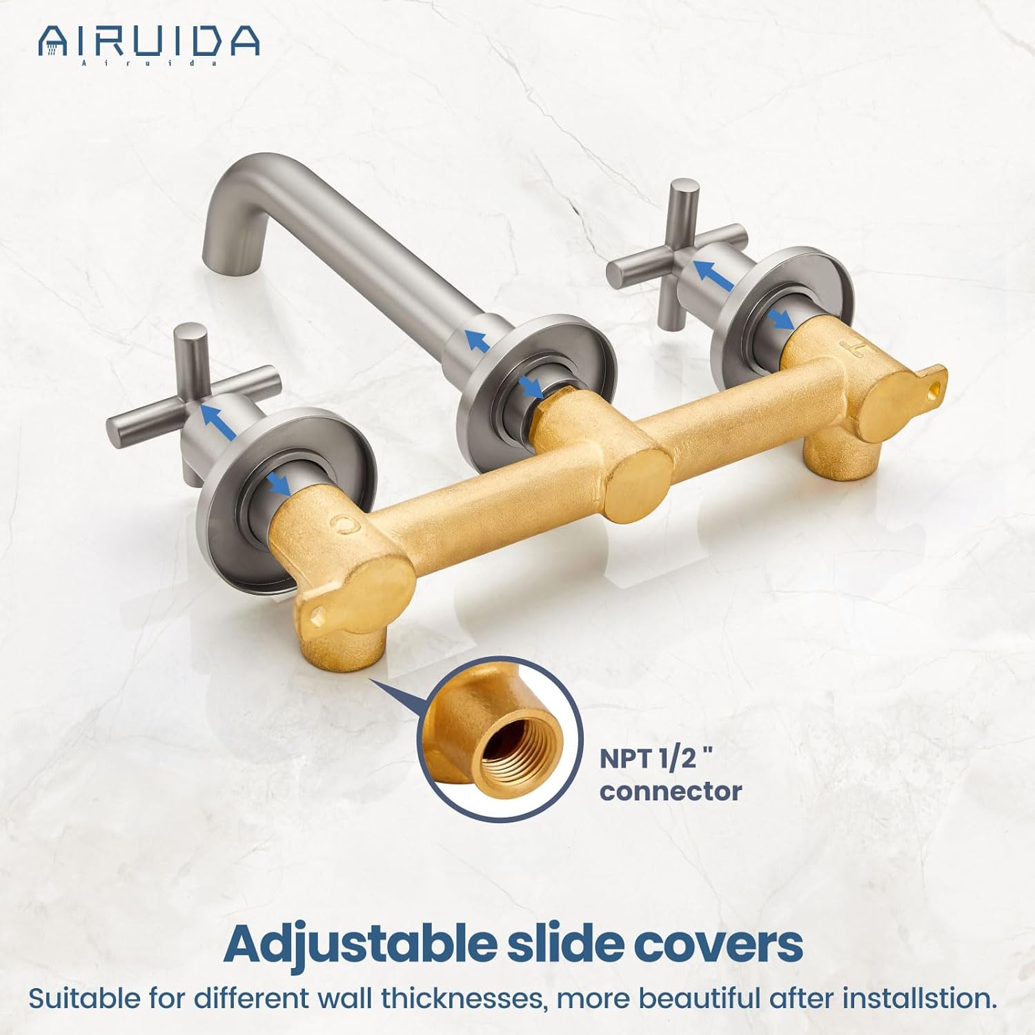 Airuida Solid Brass Widespread Wall Mount Bathroom Faucet with 360 Swivel Spout Wall Mounted Lavatory Faucet Vanity Sink Mixer Tap with Rough in Valve and Double Cross Handles Brushed Nickel