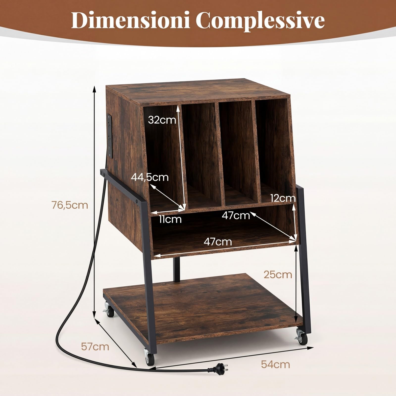 COSTWAY Supporto per Giradischi, Mobile Porta Giradischi con 4 Scomparti e Ripiani Aperti, Scaffale per Dischi in Legno con Ruote e Piedini Regolabili (Marrone Rustico, Con Presa di Corrente)