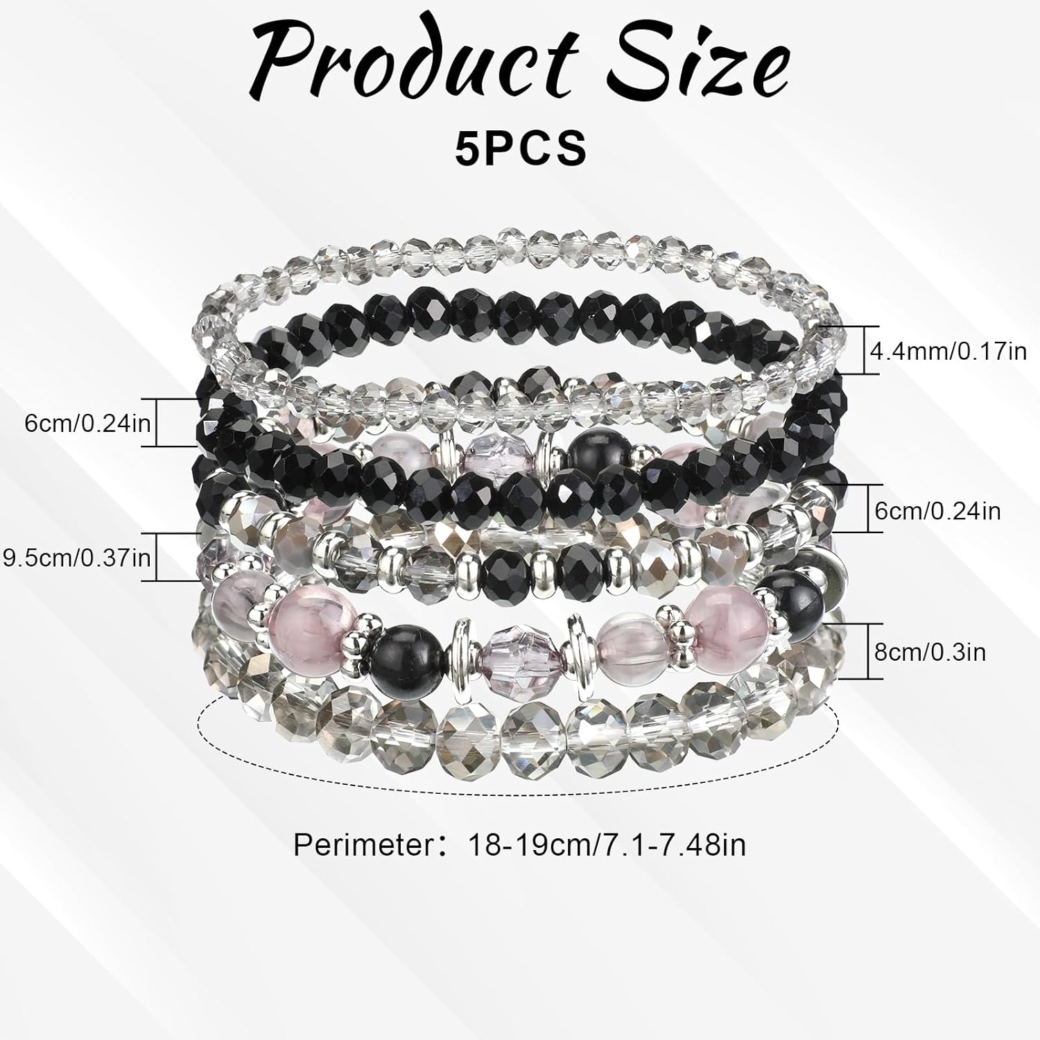 5 PCS Colorful Boho Bracelets Stack, Black Stacked Bracelets for Women, Crystal Glass Beads Stretch Bracelet for Jewelry Birthday Gifts - Image 2