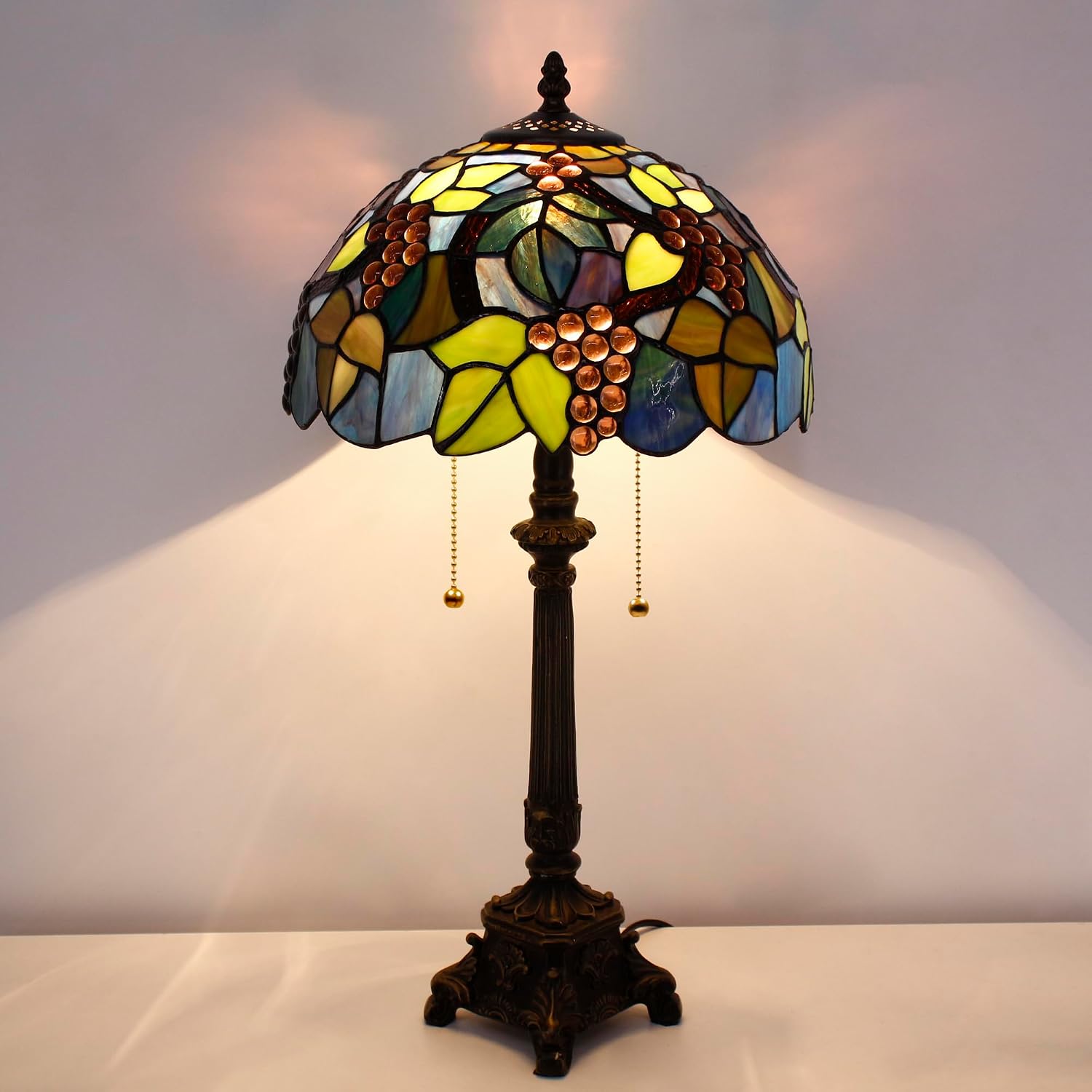 Tiffany Lamp Stained Glass Table Lamp 12x12x21 Inches Purple Grape Style Bedside Reading Light for Bedroom Living Room Office Gift
